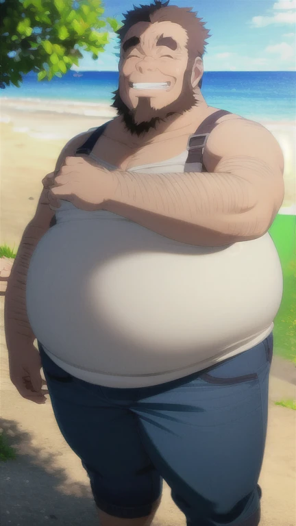 best quality, walking on the beach, full body, smile, laughing, eyes closed, (drunk:1), daytime, summer, looking at viewer, BREAK mature male, wide shot, masterpiece, (old man:1), (white tanktop, wet white shirt:1.2), blue jeans, (brown hair:0.7), (fat man:1), hands holding belly, belly jiggling, hands grabbing the belly, (arm hair:1), green eyes, beard, (sideburns:1), thick eyebrows, fat belly, big belly, round belly, plump belly, jolly