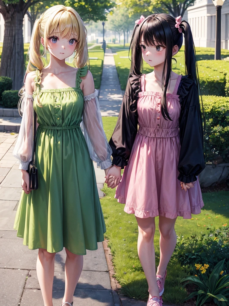 Two adult girls holding hands, One wears two blonde pigtails falling over her shoulders and a pink jumpsuit-type dress while the other wears a long-sleeved green dress., He has black eyes and black hair, long, loose hair without any ties, Her hair reaches her waist and she has straight bangs., loose hair with bangs, in a park, staring