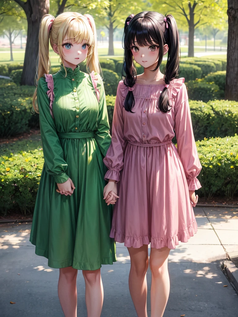 Two adult girls holding hands, One wears two blonde pigtails falling over her shoulders and a pink jumpsuit-type dress while the other wears a long-sleeved green dress., He has black eyes and black hair, long, loose hair without any ties, Her hair reaches her waist and she has straight bangs., loose hair with bangs, in a park, staring