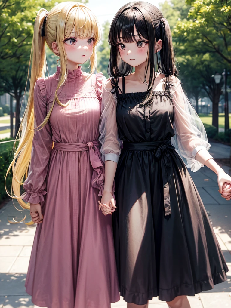 Two adult girls holding hands, One wears two blonde pigtails falling over her shoulders and a pink jumpsuit-type dress while the other wears a long-sleeved green dress., He has black eyes and black hair, long, loose hair without any ties, Her hair reaches her waist and she has straight bangs., loose hair with bangs, in a park, staring