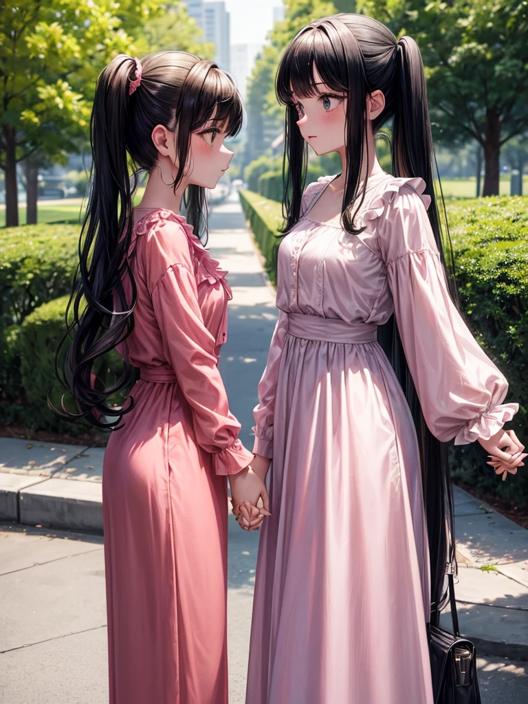 Two adult girls holding hands, One wears two blonde pigtails falling over her shoulders and a pink jumpsuit-type dress while the other wears a long-sleeved green dress., He has black eyes and black hair, long, loose hair without any ties, Her hair reaches her waist and she has straight bangs., loose hair with bangs, in a park, staring 