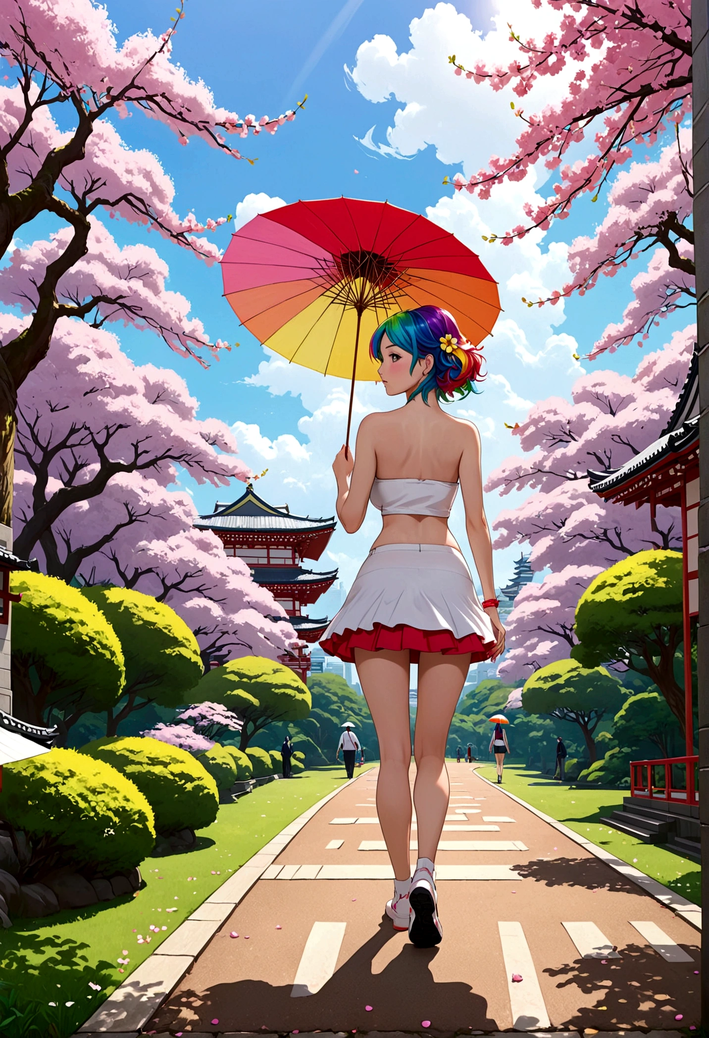 A lovely woman (miniskirt, rainbow hair, tube top, parasol) is a tourist in Japan, she is walking through a park while the cherries are in bloom, view from behind