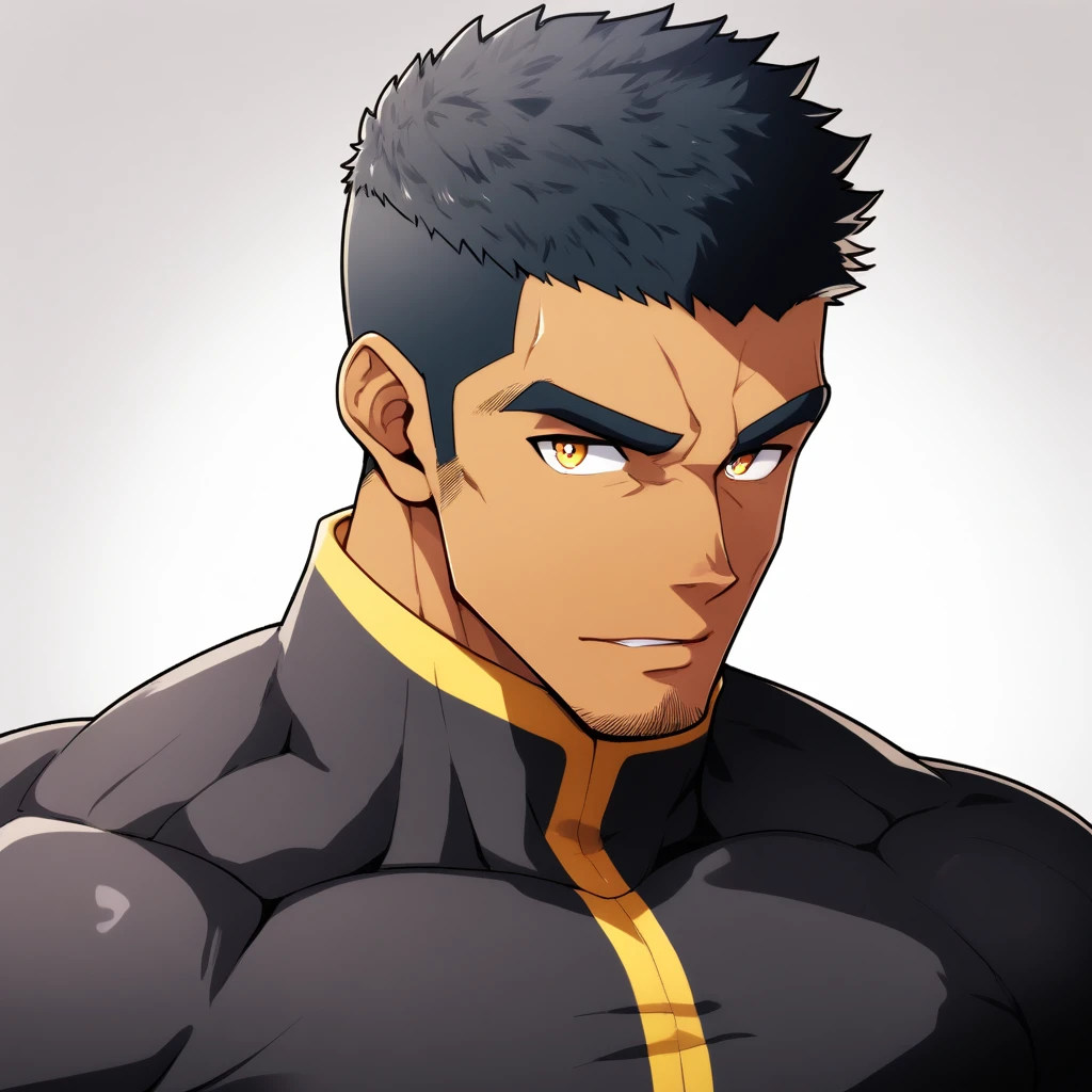 anime characters:Gyee, Muscle Sports Student, negro black skin, 1 dark skin muscular tough guy, Manliness, male focus, Yellow and black striped high collar long sleeve tight T-shirt, Slightly transparent material, Very tight, Round, full and perky chest muscles, Slightly transparent, muscular male, muscular, only, Upper body, alone, Black short hair, Thick eyebrows, stubble, Yellow eyes, Grey background, simple background, amazing quality, best aesthetics, Ridiculous, bright pupils, crew cut, parted lips, seductive smile, torogao, naughty face, drop shadow, best quality