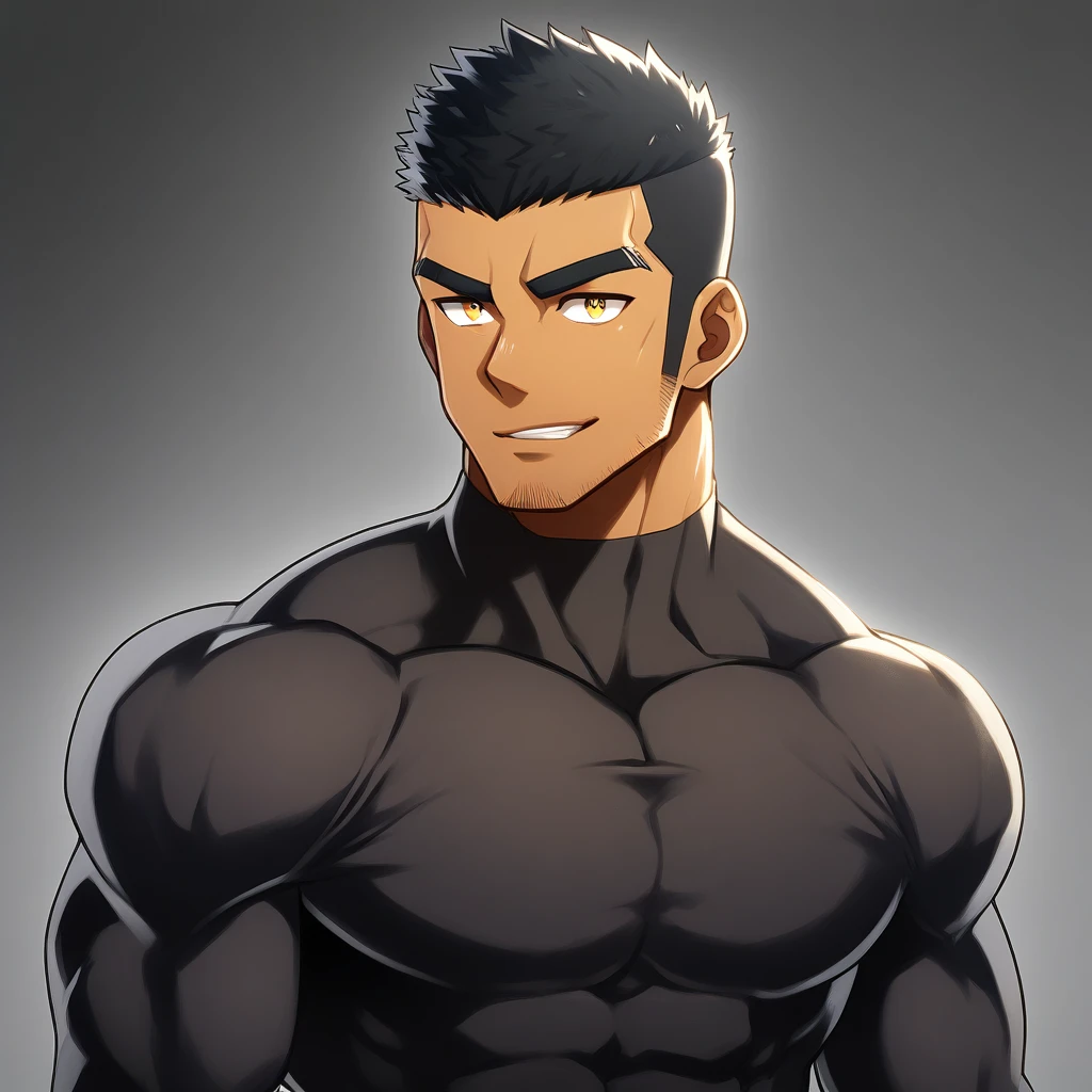 anime characters:Gyee, Muscle Sports Student, negro black skin, 1 dark skin muscular tough guy, Manliness, male focus, Yellow and black striped high collar long sleeve tight T-shirt, Slightly transparent material, Very tight, Round, full and perky chest muscles, Slightly transparent, muscular male, muscular, only, Upper body, alone, Black short hair, Thick eyebrows, stubble, Yellow eyes, Grey background, simple background, amazing quality, best aesthetics, Ridiculous, bright pupils, crew cut, parted lips, seductive smile, torogao, naughty face, drop shadow, best quality