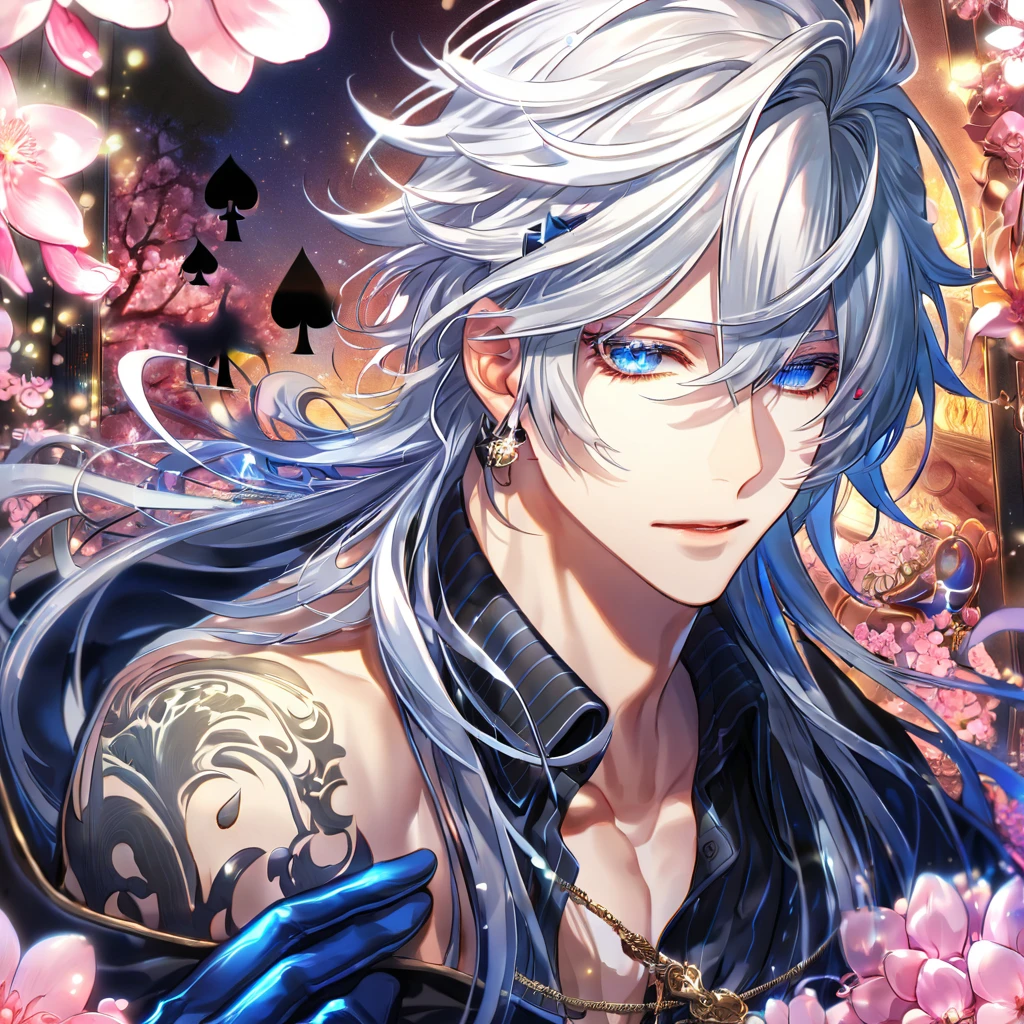 absurdres, highres, ultra detailed, HDR, master piece, Ikki, white hair, right side of his hair is notably shoulder-length, unlike its left, expressive blue eyes, on his left ear is a hair clip shaped like a black spade, Amnesia, sexy man, handsome, best quality, blossoms, pink petals, pink flowers, fantasy, magical, blue shining fireflies, solo, water, blue-and-black shirt that is vertically striped, a small tattoo of a black spade under his left eye, blue gloves,