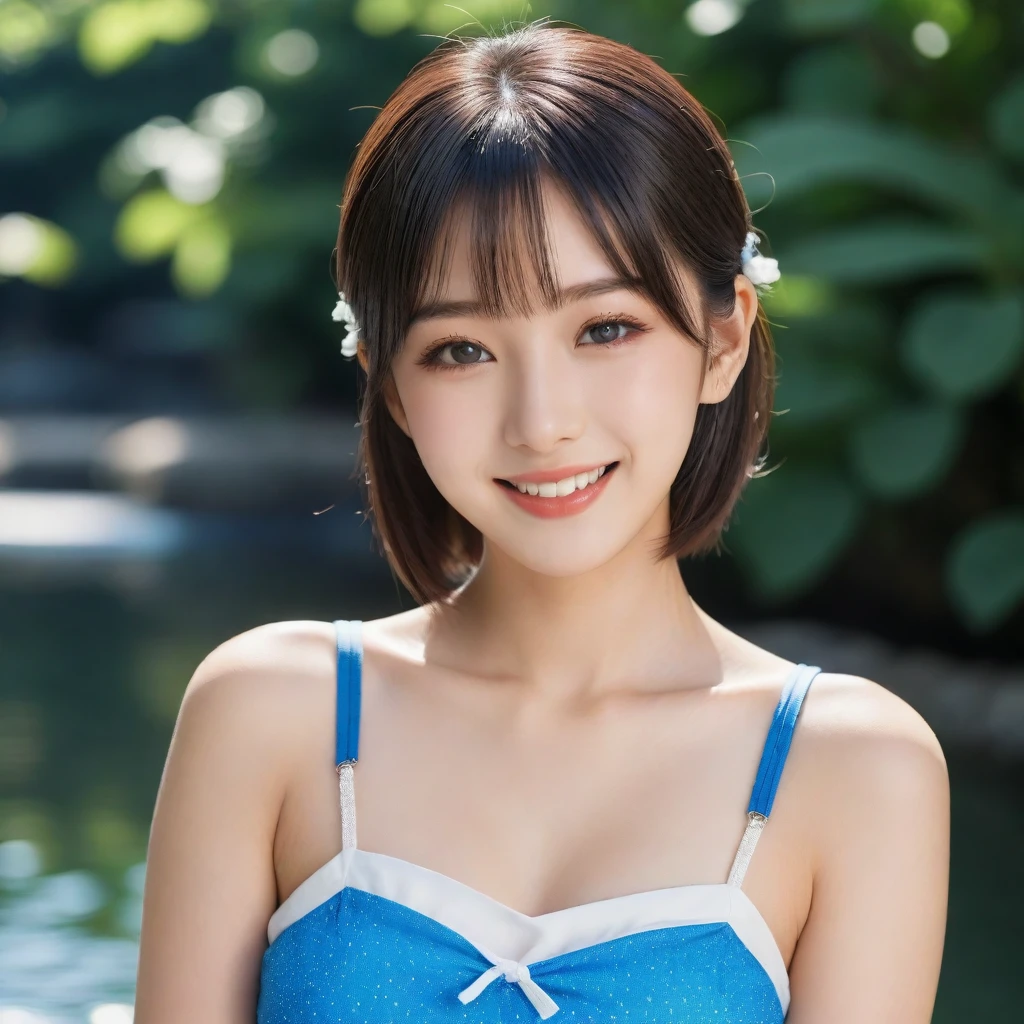 8K, Ultra-high resolution, Highest quality, masterpiece, 三分割法によるphotograph,Surreal, photograph, 1 girl, (:1.3), pretty girl, Cute face, Beautiful eyes in every detail, 細かくdetailedに,masterpiece,, One Girl:1.2, Japan Female Announcer,whole body、Black Hair、well-groomed eyebrows、Cute Lip Makeup、Urban area,Water Play,summer,Sparkling sunlight,Tank top,Cute gestures、so beautiful,A carefree smile,Healing the heart,blunt bangs,Looking at the audience、beauty,Long neck、Laugh a little、Please close your mouth and laugh、(((Ideal body type))),A-cup small breasts :2,、Portraiture:2、Perfect Anatomy、鮮明なdetailed、detailed、Surreal、Light and shadow,Strong light