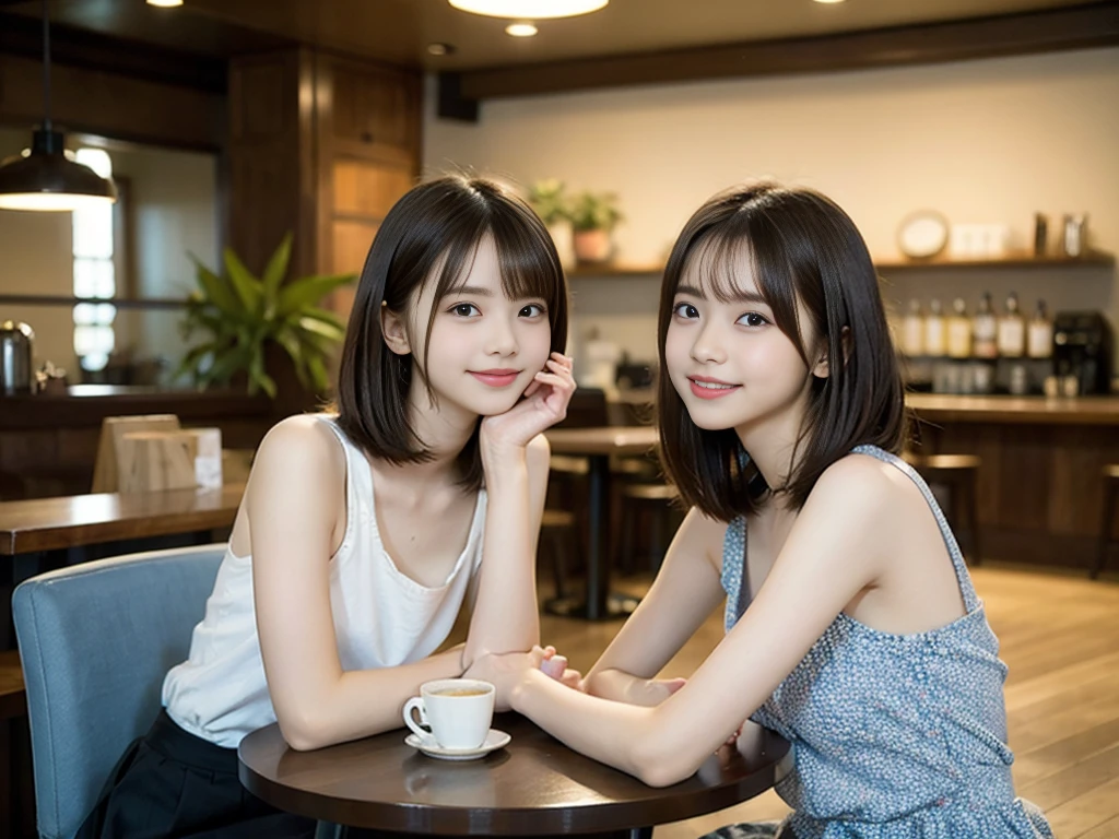 2girl, smile,(bobcut:1.2),bangs,beautiful girl,15 years old,(loli:1.2),(small brests:1.2),(skinny:1.2),highschool student,akb48,nogizaka46, (masutepiece, Best Quality:1.2), 8K, Official art, Raw photo, Pretty Face, Urban Cafe、cafes、Sitting in a chair,Cake and coffee on the table、Fringe hair, hime haircut, Brown hair,