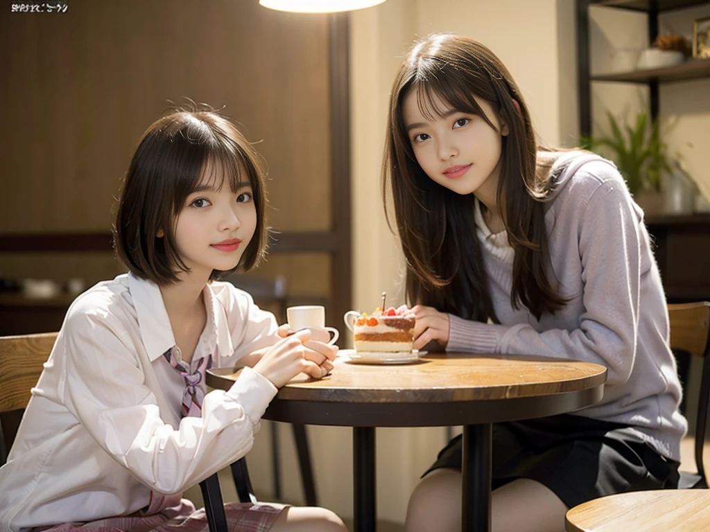 2girl, smile,(bobcut:1.2),bangs,beautiful girl,,(loli:1.2),(s brests:1.2),(skinny:1.2),highschool student,akb48,nogizaka46, (masutepiece, Best Quality:1.2), 8K, Official art, Raw photo, Pretty Face, Urban Cafe、cafes、Sitting in a chair,Cake and coffee on the table、Fringe hair, hime haircut, Brown hair,