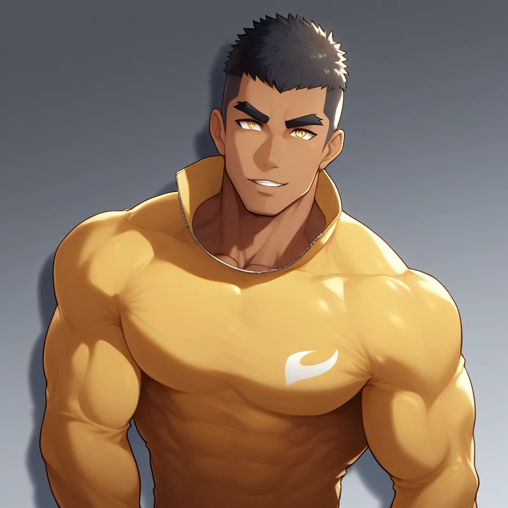 anime characters：Gyee, Muscle Sports Student, negro black skin, 1 dark skin muscular tough guy, Manliness, male focus, Light yellow high collar long sleeve tight T-shirt, Slightly transparent material, Very tight, Round, full and perky chest muscles, Slightly transparent, muscular male, muscular, only, Upper body, alone, Black short hair, Thick eyebrows, stubble, Yellow eyes, Grey background, simple background, amazing quality, best aesthetics, Ridiculous, bright pupils, crew cut, parted lips, seductive smile, torogao, naughty face, drop shadow, best quality