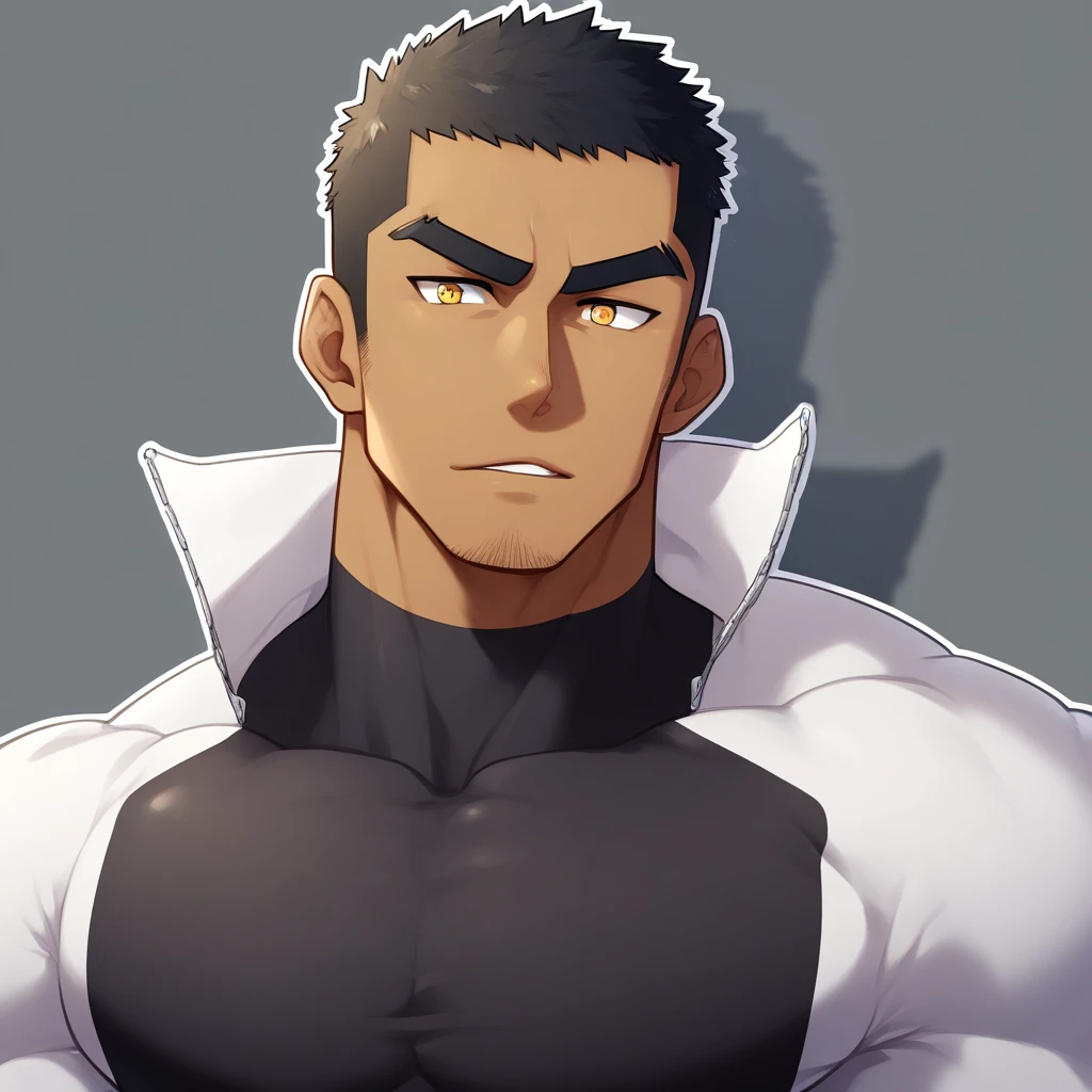 anime characters:Gyee, Muscle Sports Student, negro black skin, 1 dark skin muscular tough guy, Manliness, male focus, Light yellow high collar long sleeve tight T-shirt, Slightly transparent material, Very tight, Round, full and perky chest muscles, Slightly transparent, muscular male, muscular, only, Upper body, alone, Black short hair, Thick eyebrows, stubble, Yellow eyes, Grey background, simple background, amazing quality, best aesthetics, Ridiculous, bright pupils, crew cut, parted lips, seductive smile, torogao, naughty face, drop shadow, best quality