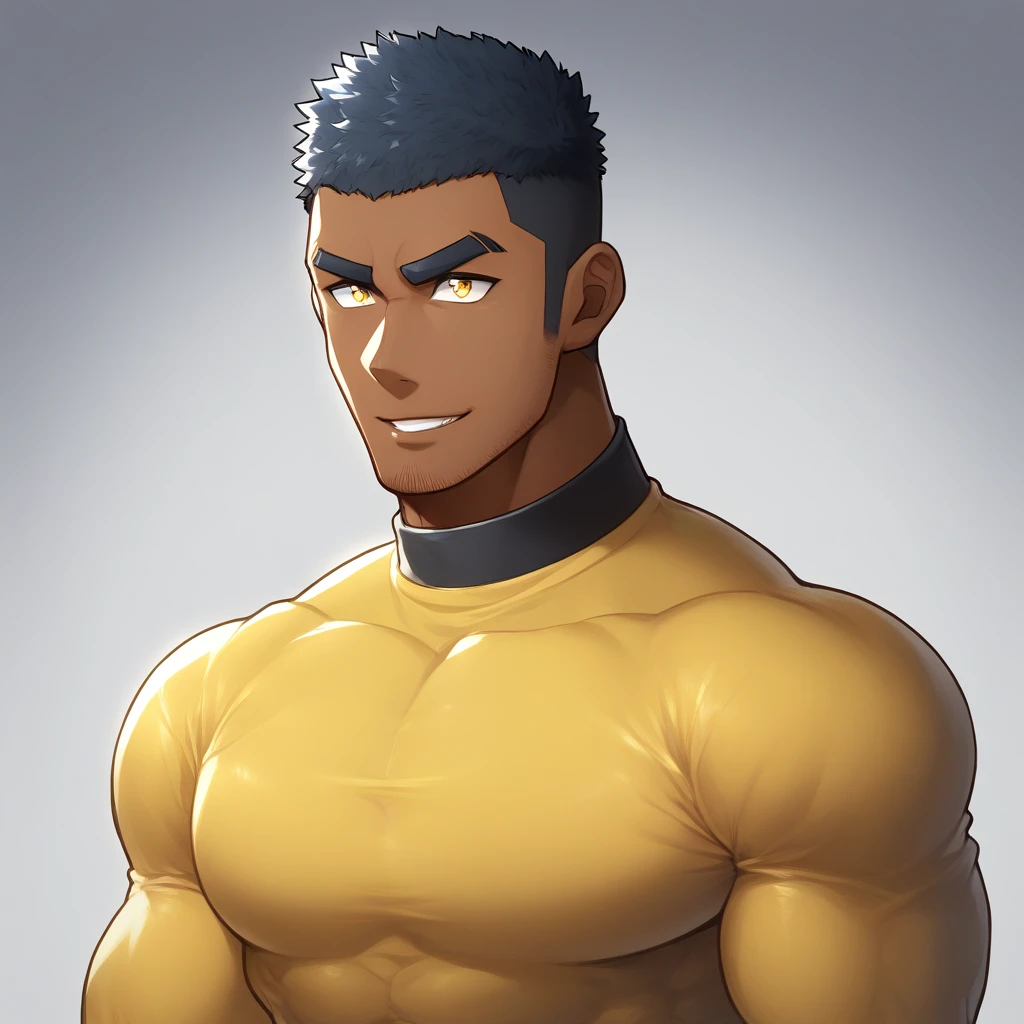 anime characters:Gyee, Muscle Sports Student, negro black skin, 1 dark skin muscular tough guy, Manliness, male focus, Light yellow high collar long sleeve tight T-shirt, Slightly transparent material, Very tight, Round, full and perky chest muscles, Slightly transparent, muscular male, muscular, only, Upper body, alone, Black short hair, Thick eyebrows, stubble, Yellow eyes, Grey background, simple background, amazing quality, best aesthetics, Ridiculous, bright pupils, crew cut, parted lips, seductive smile, torogao, naughty face, drop shadow, best quality