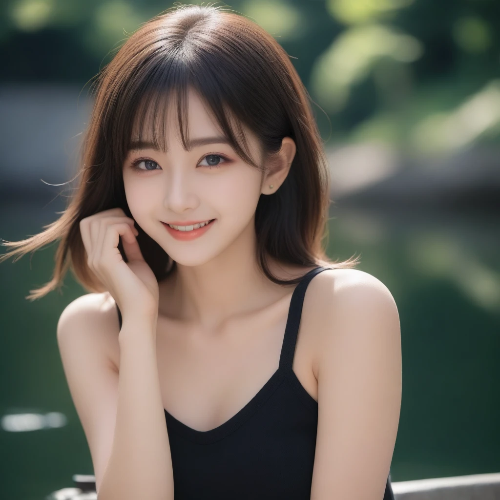 8K, Ultra-high resolution, Highest quality, masterpiece, 三分割法によるphotograph,Surreal, photograph, 1 girl, (16 years old:1.3), pretty girl, Cute face, Beautiful eyes in every detail, 細かくdetailedに,masterpiece,, One Girl:1.2, Japan Female Announcer,whole body、Black Hair、well-groomed eyebrows、Cute Lip Makeup、Urban area,Water Play,summer,Sparkling sunlight,Tank top,Cute gestures、so beautiful,A carefree smile,Healing the heart,blunt bangs,Looking at the audience、beauty,Long neck、Laugh a little、Please close your mouth and laugh、(((Ideal body type))),A-cup small breasts :2,、Portraiture:2、Perfect Anatomy、鮮明なdetailed、detailed、Surreal、Light and shadow,Strong light