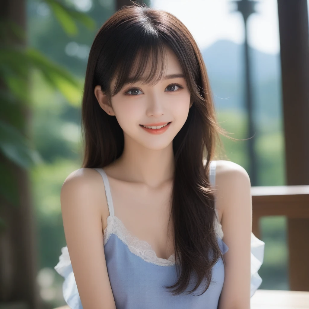 8K, Ultra-high resolution, Highest quality, masterpiece, 三分割法によるphotograph,Surreal, photograph, 1 girl, (16 years old:1.3), pretty girl, Cute face, Beautiful eyes in every detail, 細かくdetailedに,masterpiece,, One Girl:1.2, Japan Female Announcer,whole body、Black Hair、well-groomed eyebrows、Cute Lip Makeup、Urban area,Water Play,summer,Sparkling sunlight,Tank top,Cute gestures、so beautiful,A carefree smile,Healing the heart,blunt bangs,Looking at the audience、beauty,Long neck、Laugh a little、Please close your mouth and laugh、(((Ideal body type))),A-cup small breasts :2,、Portraiture:2、Perfect Anatomy、鮮明なdetailed、detailed、Surreal、Light and shadow,Strong light