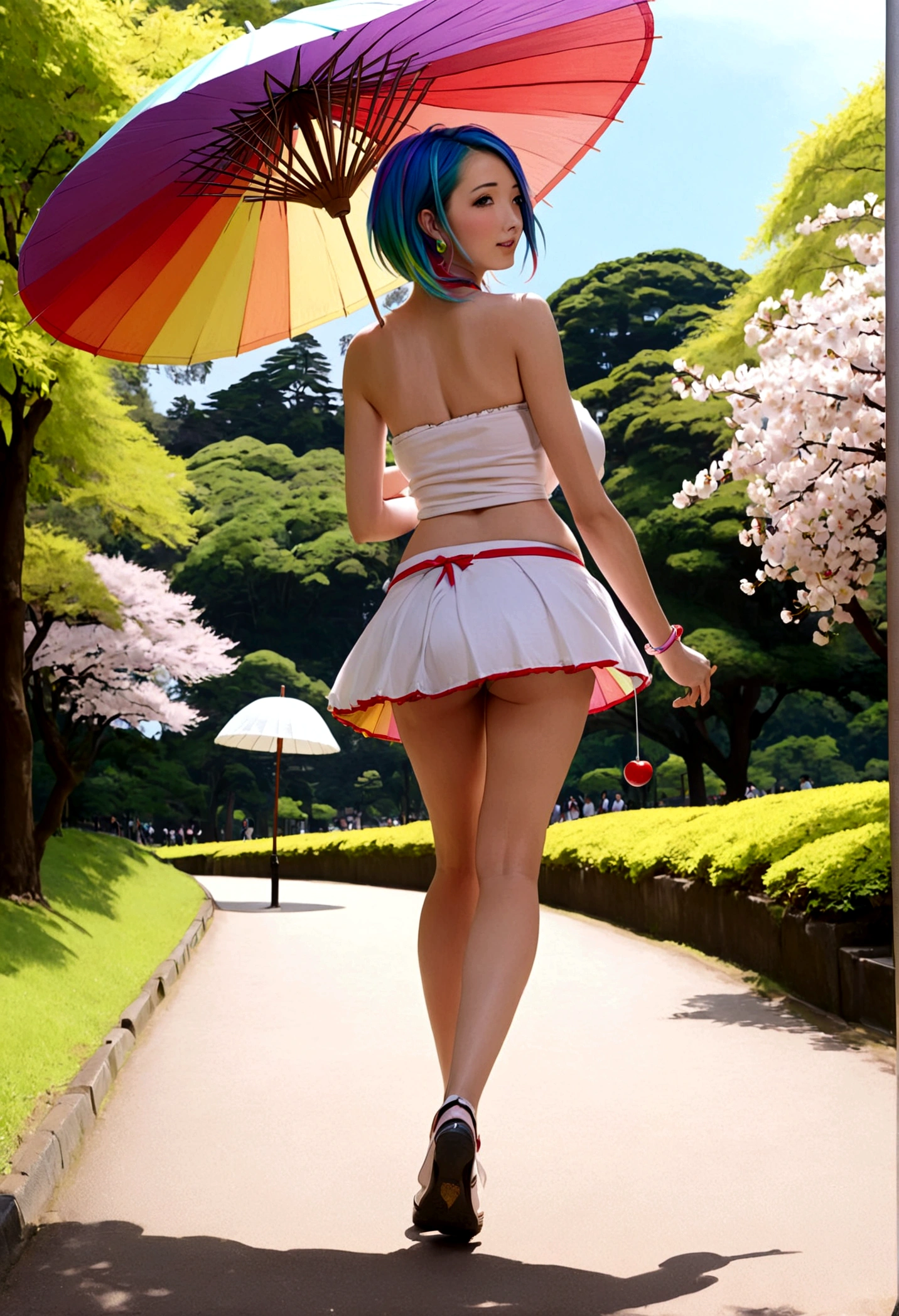 A lovely woman (miniskirt, rainbow hair, tube top, parasol) is a tourist in Japan, she is walking through a park while the cherries are in bloom, view from behind
