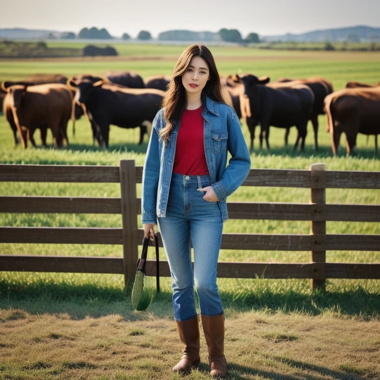 A woman in a red shirt and jeans stands in front of a herd of cows., Wear farm clothes, cow girl, Song Hye-Kyo, crystal, Wear a dark shirt and jeans., standing in the grass, Korean female fashion model, standing in the grass, In the countryside, Japanese Farmer, Bae Suzy, On the farm, cowgirl, Lulu Chen