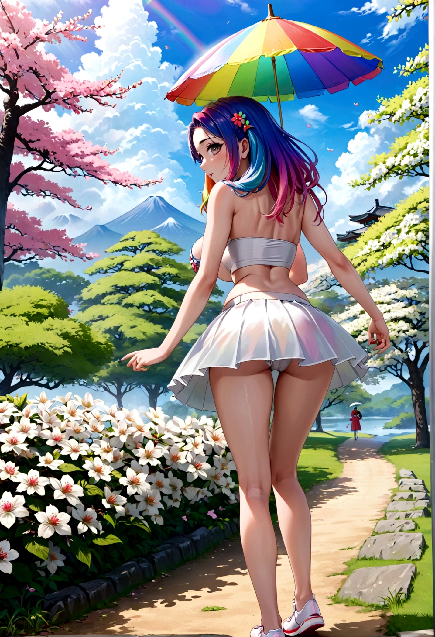 A lovely woman (miniskirt, rainbow hair, tube top, parasol) is a tourist in Japan, she is walking through a park while the cherries are in bloom, view from behind