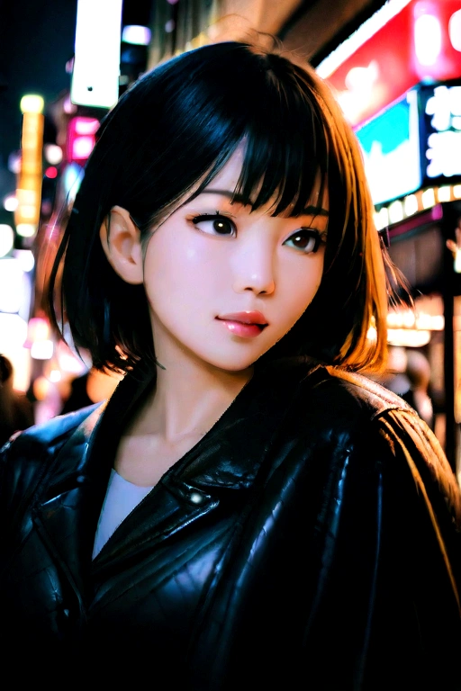 1girl, Tokyo street,night, cityscape,city lights, upper body,close-up, 8k, RAW photo, best quality, masterpiece,realistic, photo-realistic,