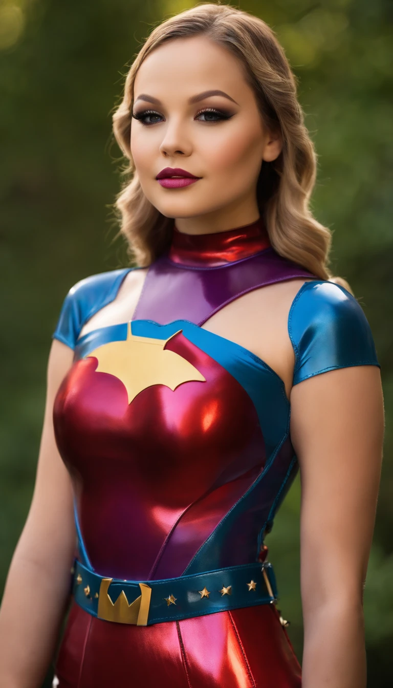 Kelli Berglund, wearing an adult-sized latex superhero outfit with a skirt that shows off her entire body. She should be portrayed with joy.