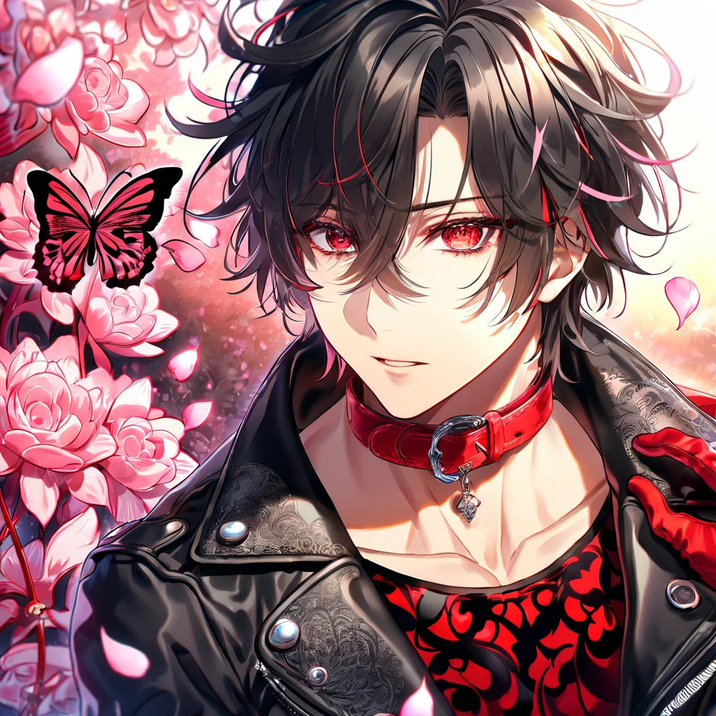 absurdres, highres, ultra detailed, HDR, master piece, best quality, Shin, expressive red eyes, messy hair, black hair, red streaks, Amnesia, solo, sexy man, handsome, cropped black leather jacket, red shirt with black patterns, red collar, red gloves, fantasy, shining, pink flowers, pink blossoms, pink butterflies, pink petals