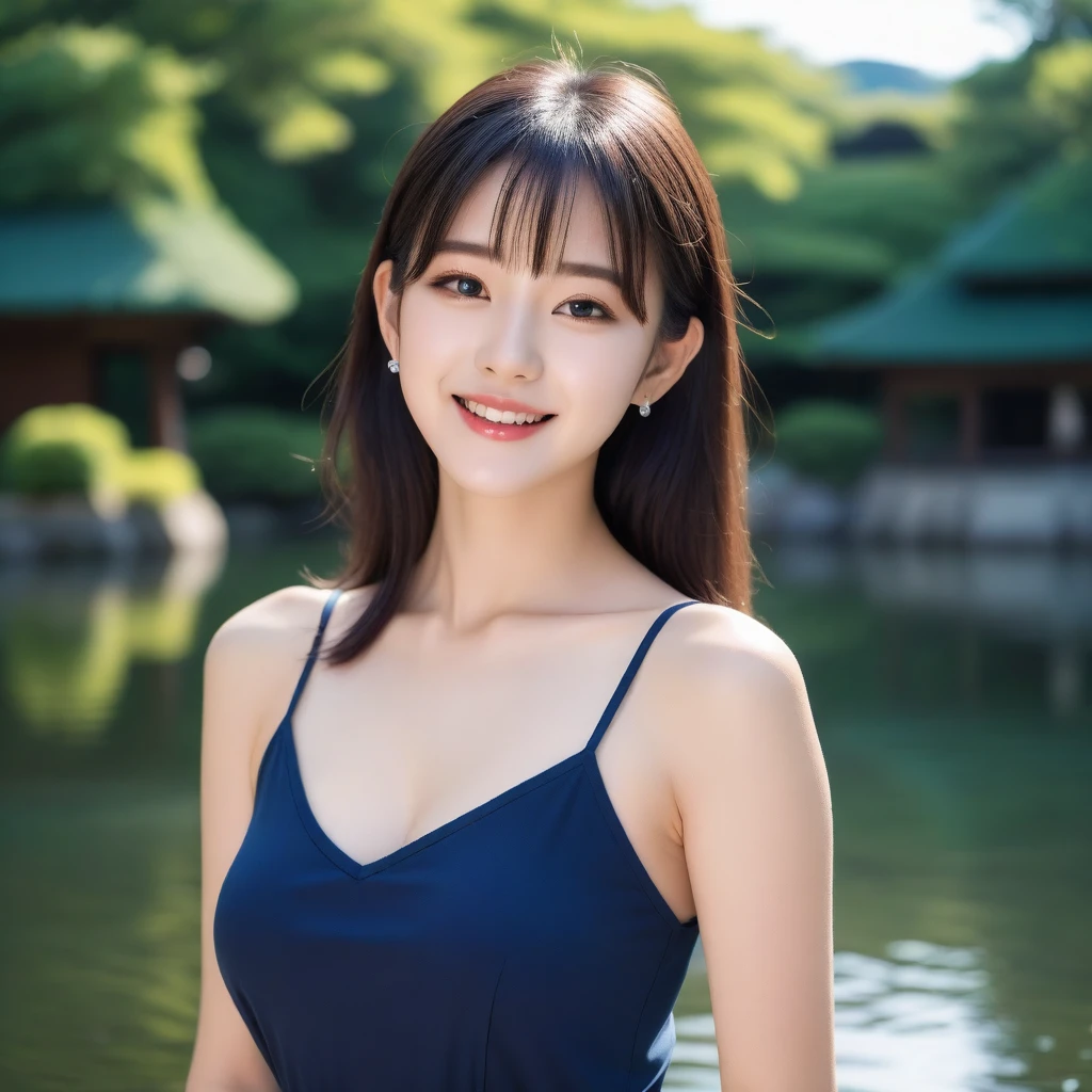 8K, Ultra-high resolution, Highest quality, masterpiece, 三分割法によるphotograph,Surreal, photograph, 1 girl, (:1.3), pretty girl, Cute face, Beautiful eyes in every detail, 細かくdetailedに,masterpiece,, One Girl:1.2, Japan Female Announcer,whole body、Black Hair、well-groomed eyebrows、Cute Lip Makeup、Urban area,Water Play,summer,Sparkling sunlight,Tank top,Cute gestures、so beautiful,A carefree smile,Healing the heart,blunt bangs,Looking at the audience、beauty,Long neck、Laugh a little、Please close your mouth and laugh、(((Ideal body type))),A-cup small breasts :2,、Portraiture:2、Perfect Anatomy、鮮明なdetailed、detailed、Surreal、Light and shadow,Strong light