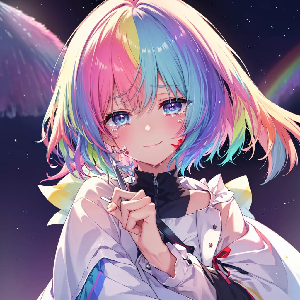 (((Extreme close-up　tears　smile　Hold a knife with both hands　Bleeding on the cheek)))　((輝くtears　Rainbow Hair　Rainbow Eyes　Short Hair　Receiving the light　smile　Rainbow light　Aurora))　(Shining Edge　Pillar of Light)