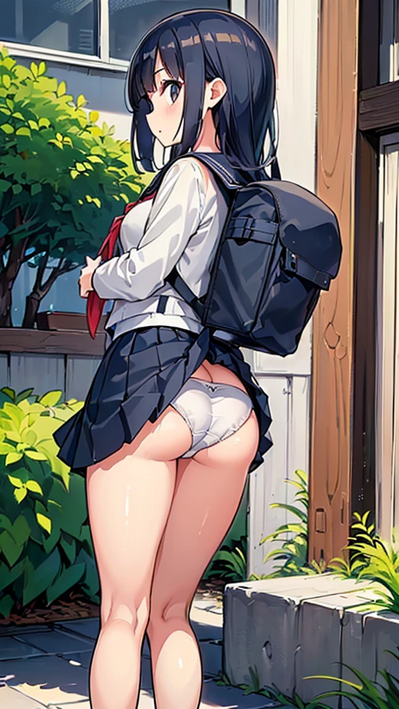 (((Accidental exposure, , Sailor suit, rucksack, Skirt caught in bag, Skirt flips up, Beautiful ass, panties)))