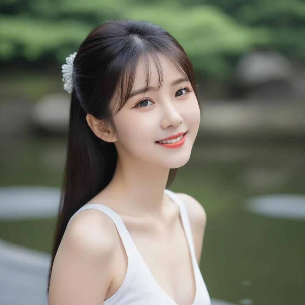 8K, Ultra-high resolution, Highest quality, masterpiece, 三分割法によるphotograph,Surreal, photograph, 1 girl, (16 years old:1.3), pretty girl, Cute face, Beautiful eyes in every detail, 細かくdetailedに,masterpiece,, One Girl:1.2, Japan Female Announcer,whole body、Black Hair、well-groomed eyebrows、Cute Lip Makeup、Urban area,Water Play,summer,Sparkling sunlight,Tank top,Cute gestures、so beautiful,A carefree smile,Healing the heart,blunt bangs,Looking at the audience、beauty,Long neck、Laugh a little、Please close your mouth and laugh、(((Ideal body type))),A-cup small breasts :2,、Portraiture:2、Perfect Anatomy、鮮明なdetailed、detailed、Surreal、Light and shadow,Strong light