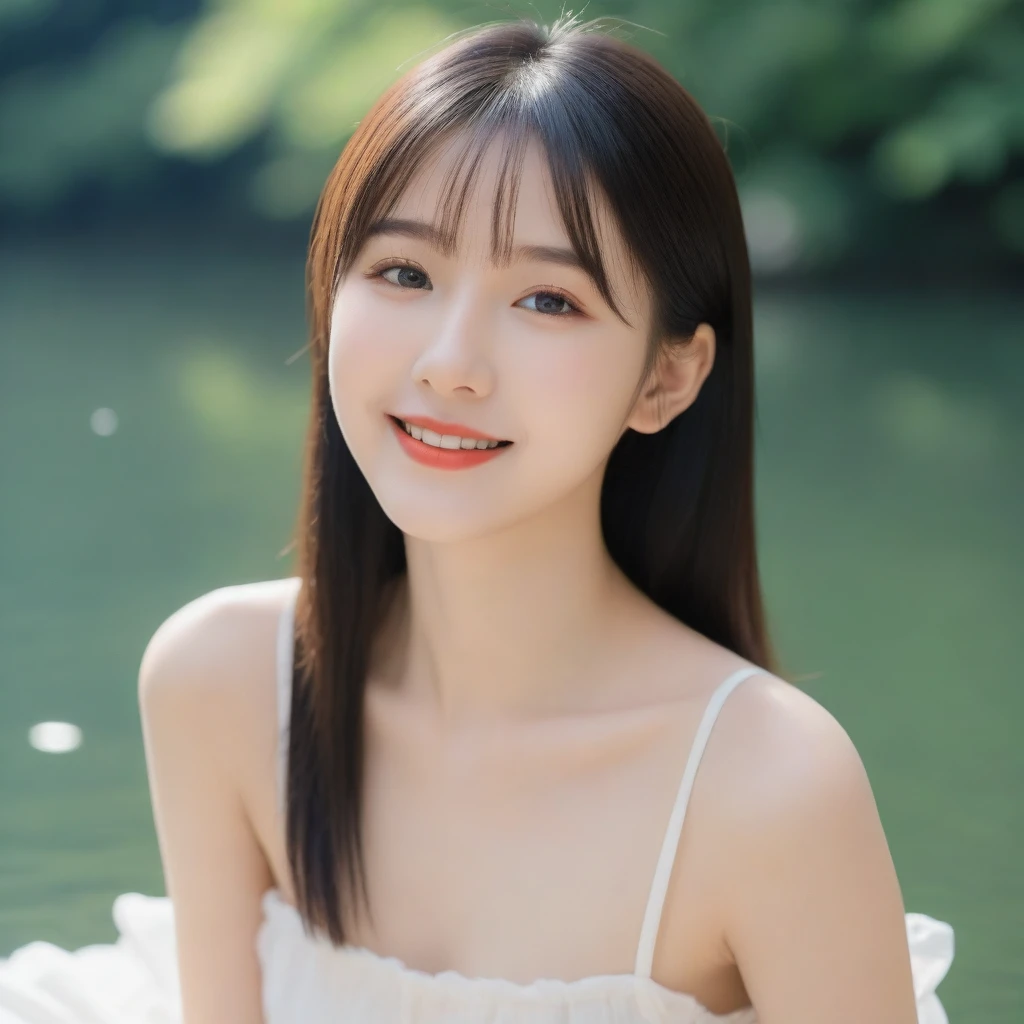 8K, Ultra-high resolution, Highest quality, masterpiece, 三分割法によるphotograph,Surreal, photograph, 1 girl, (16 years old:1.3), pretty girl, Cute face, Beautiful eyes in every detail, 細かくdetailedに,masterpiece,, One Girl:1.2, Japan Female Announcer,whole body、Black Hair、well-groomed eyebrows、Cute Lip Makeup、Urban area,Water Play,summer,Sparkling sunlight,Tank top,Cute gestures、so beautiful,A carefree smile,Healing the heart,blunt bangs,Looking at the audience、beauty,Long neck、Laugh a little、Please close your mouth and laugh、(((Ideal body type))),A-cup small breasts :2,、Portraiture:2、Perfect Anatomy、鮮明なdetailed、detailed、Surreal、Light and shadow,Strong light
