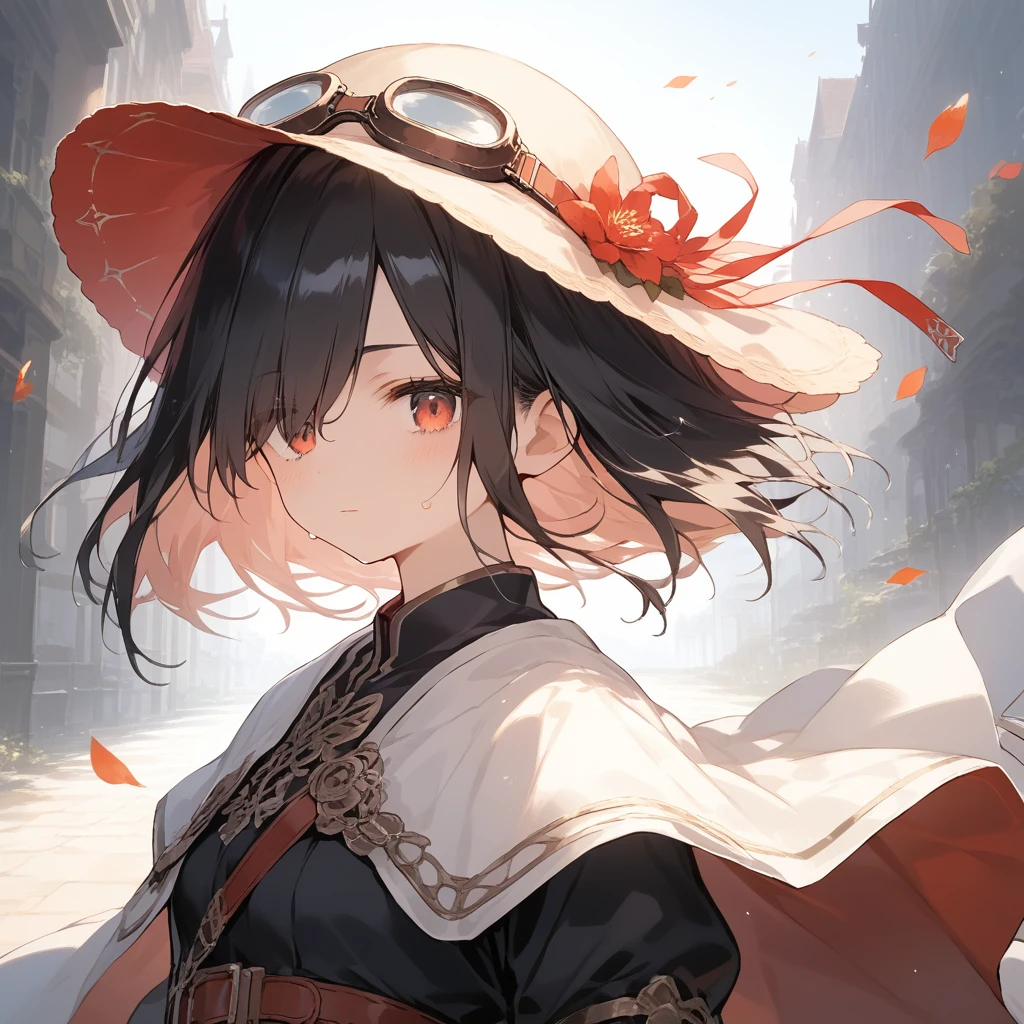 score_9, score_8_up, score_7_up, source_anime, best quality, masterpiece, official art, absurdres, highres, ultra-detailed,waifu2x,Collection: Slice of Life,break,1girl, short hair, black hair, hair over one eye, small breasts, beautiful detailed eyes, hat, goggles on headwear, skirt, sweat, expressionless, sleepily, fantasy, outdoors, wind, break,(clear line illustration:1.2),very high resolution, very aesthetic, super detailed skin, Best cinematic lighting powered by famous artist, 8k, beauty illustration,photoshop_(medium),,(Detailed Lighting),best anime 8k konachan wallpaper, pixiv contest winner, 