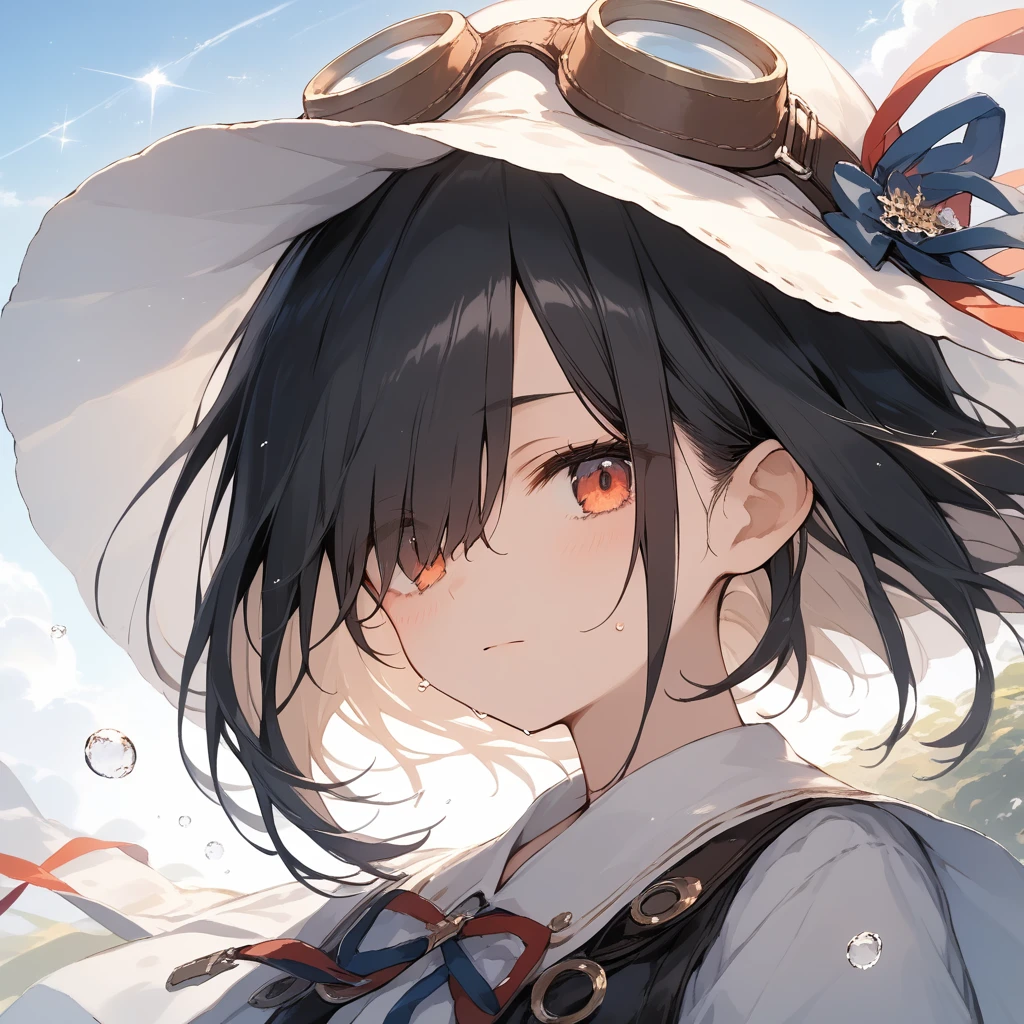 score_9, score_8_up, score_7_up, source_anime, best quality, masterpiece, official art, absurdres, highres, ultra-detailed,waifu2x,Collection: Slice of Life,break,1girl, short hair, black hair, hair over one eye, small breasts, beautiful detailed eyes, hat, goggles on headwear, skirt, sweat, expressionless, sleepily, fantasy, outdoors, wind, break,(clear line illustration:1.2),very high resolution, very aesthetic, super detailed skin, Best cinematic lighting powered by famous artist, 8k, beauty illustration,photoshop_(medium),,(Detailed Lighting),best anime 8k konachan wallpaper, pixiv contest winner,