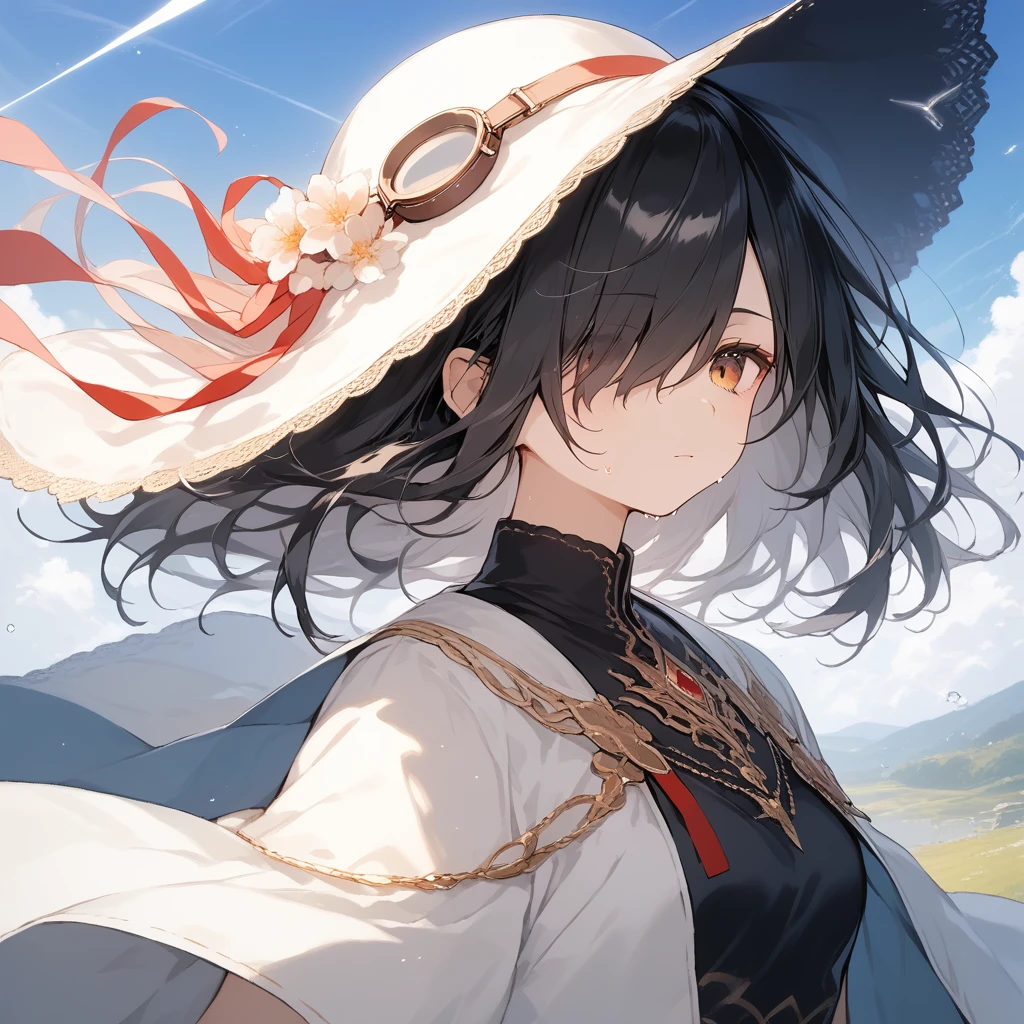 score_9, score_8_up, score_7_up, source_anime, best quality, masterpiece, official art, absurdres, highres, ultra-detailed,waifu2x,Collection: Slice of Life,break,1girl, short hair, black hair, hair over one eye, small breasts, beautiful detailed eyes, hat, goggles on headwear, skirt, sweat, expressionless, sleepily, fantasy, outdoors, wind, break,(clear line illustration:1.2),very high resolution, very aesthetic, super detailed skin, Best cinematic lighting powered by famous artist, 8k, beauty illustration,photoshop_(medium),,(Detailed Lighting),best anime 8k konachan wallpaper, pixiv contest winner,
