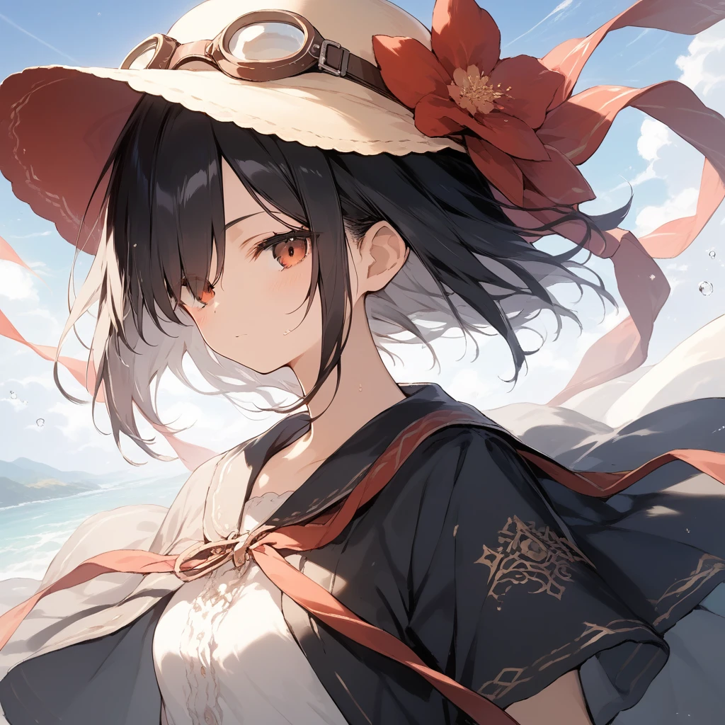 score_9, score_8_up, score_7_up, source_anime, best quality, masterpiece, official art, absurdres, highres, ultra-detailed,waifu2x,Collection: Slice of Life,break,1girl, short hair, black hair, hair over one eye, small breasts, beautiful detailed eyes, hat, goggles on headwear, skirt, sweat, expressionless, sleepily, fantasy, outdoors, wind, break,(clear line illustration:1.2),very high resolution, very aesthetic, super detailed skin, Best cinematic lighting powered by famous artist, 8k, beauty illustration,photoshop_(medium),,(Detailed Lighting),best anime 8k konachan wallpaper, pixiv contest winner,