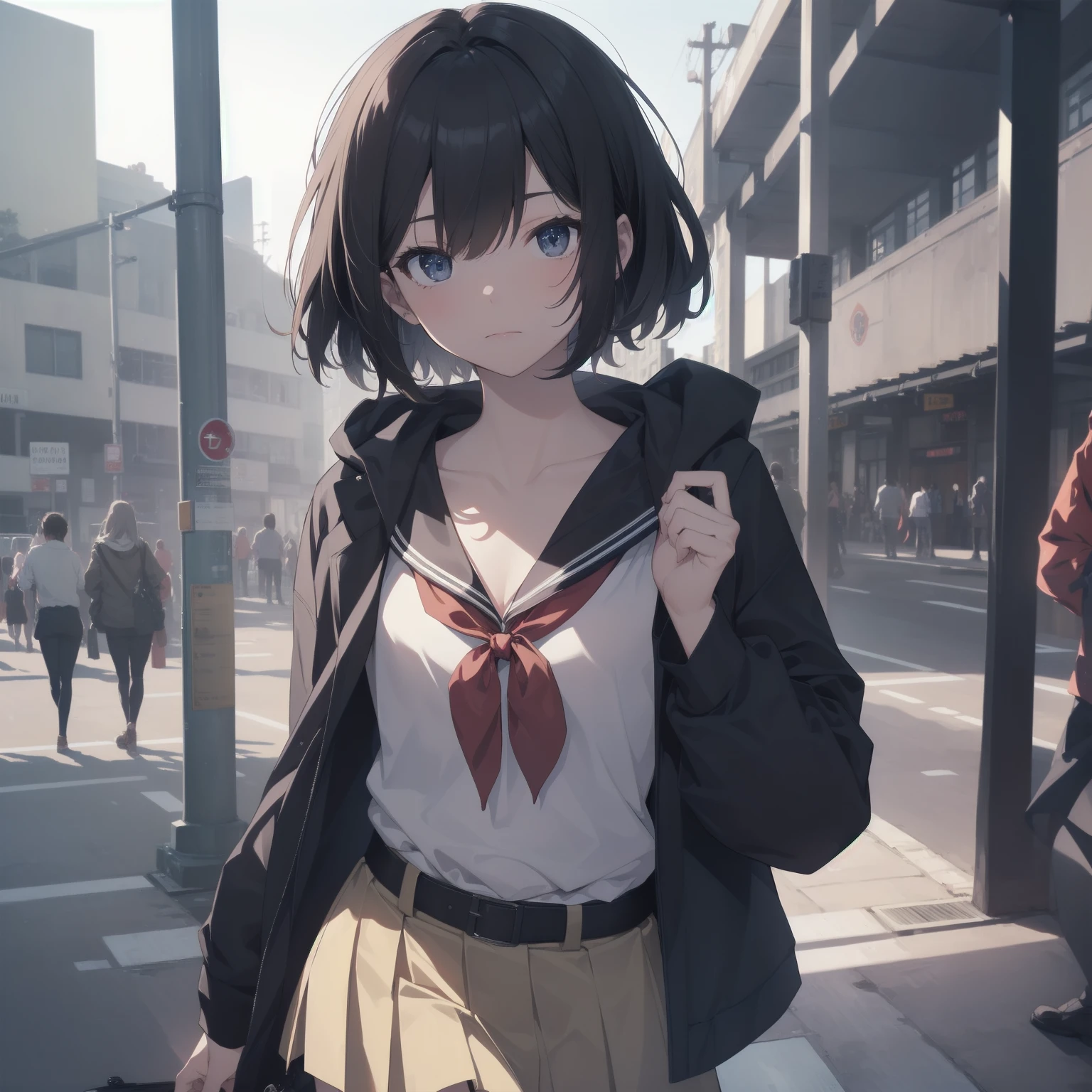 ultra-absurdres-Top quality by artist God, ultra-detailed, high resolution, anime moe artstyle, best anime 8k konachan wallpaper, pixiv contest winner, pool:2810, perfect anatomy,break, 1girl, (Please draw a girl walking sleepily to school alone. )break,(Solo,little female, 13-year-old:1.3),Full limbs, complete fingers,a junior high school student, (very short hair), short cut, flat chest, , small butt, small black eyes, beautiful detailed eyes, well-proportioned iris and pupils, expressive eyes, highres detailed hair, soft expression, salor school_uniform, sailor collar, serahuku, bow, pleated skirt,(Detailed Lighting), (Detailed background), in the School commute route. break,super detailed skin, Best cinematic lighting powered by famous artist, 8k,beauty illustration,photoshop_(medium),very aesthetic,break,((artist:saiguchi_otoufu )), artist:clamp ,artist:carnelian ,artist:kantoku ,
