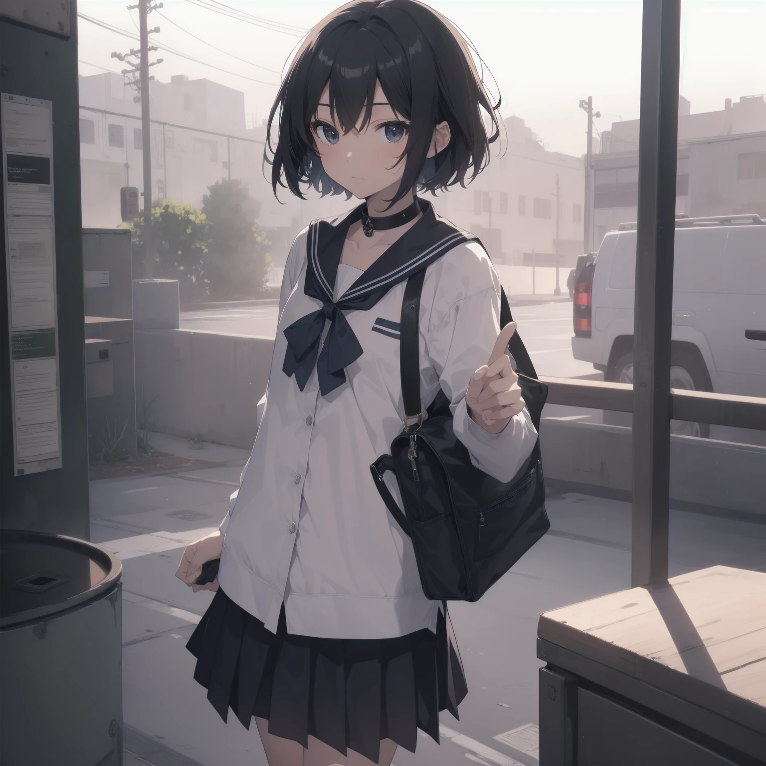 ultra-absurdres-Top quality by artist God, ultra-detailed, high resolution, anime moe artstyle, best anime 8k konachan wallpaper, pixiv contest winner, pool:2810, perfect anatomy,break, 1girl, (Please draw a girl walking sleepily to school alone. )break,(Solo,little female, 13-year-old:1.3),Full limbs, complete fingers,a junior high school student, (very short hair), short cut, flat chest, , small butt, small black eyes, beautiful detailed eyes, well-proportioned iris and pupils, expressive eyes, highres detailed hair, soft expression, salor school_uniform, sailor collar, serahuku, bow, pleated skirt,(Detailed Lighting), (Detailed background), in the School commute route. break,super detailed skin, Best cinematic lighting powered by famous artist, 8k,beauty illustration,photoshop_(medium),very aesthetic,break,((artist:saiguchi_otoufu )), artist:clamp ,artist:carnelian ,artist:kantoku ,