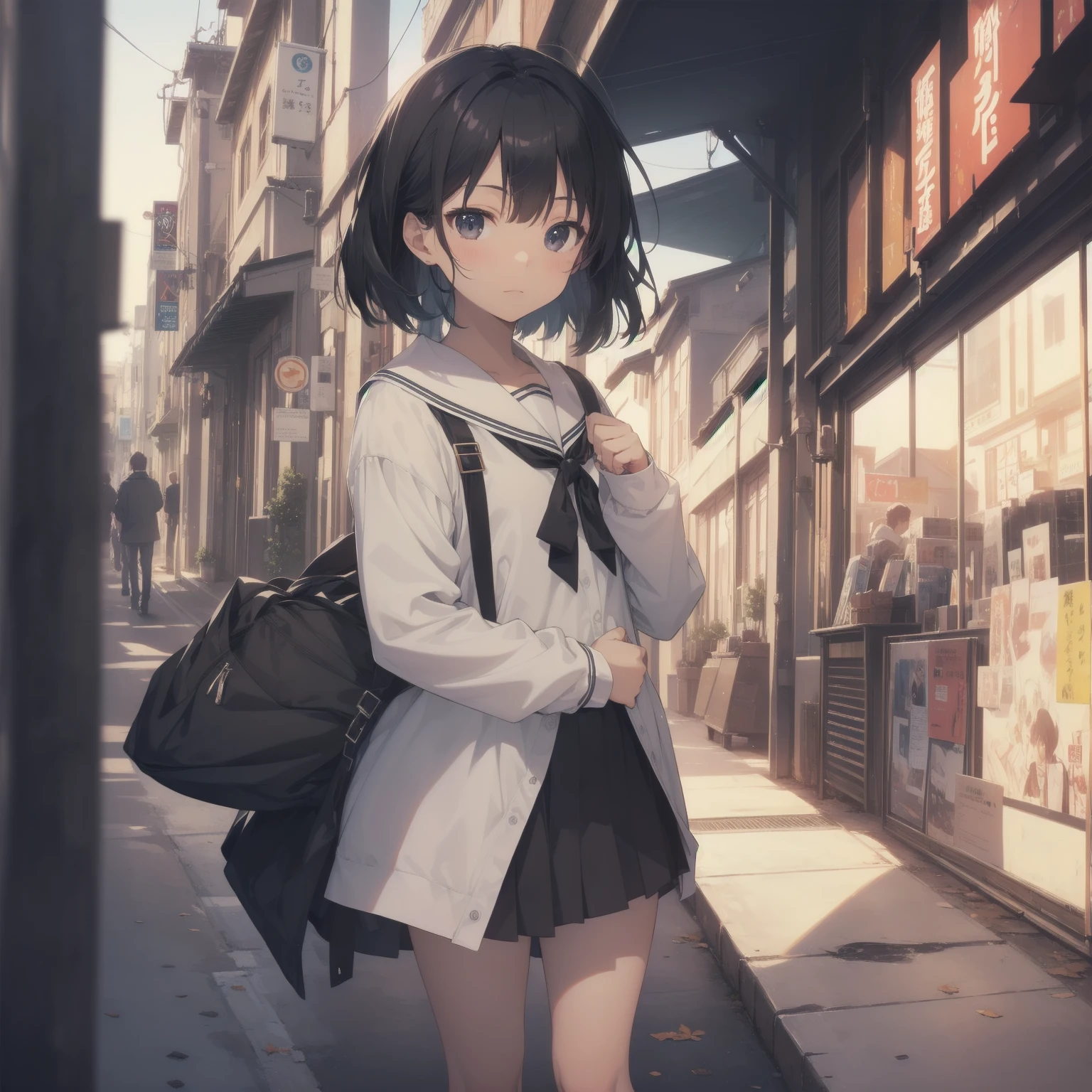 ultra-absurdres-Top quality by artist God, ultra-detailed, high resolution, anime moe artstyle, best anime 8k konachan wallpaper, pixiv contest winner, pool:2810, perfect anatomy,break, 1girl, (Please draw a girl walking sleepily to school alone. )break,(Solo,little female, 13-year-old:1.3),Full limbs, complete fingers,a junior high school student, (very short hair), short cut, flat chest, , small butt, small black eyes, beautiful detailed eyes, well-proportioned iris and pupils, expressive eyes, highres detailed hair, soft expression, salor school_uniform, sailor collar, serahuku, bow, pleated skirt,(Detailed Lighting), (Detailed background), in the School commute route. break,super detailed skin, Best cinematic lighting powered by famous artist, 8k,beauty illustration,photoshop_(medium),very aesthetic,break,((artist:saiguchi_otoufu )), artist:clamp ,artist:carnelian ,artist:kantoku ,