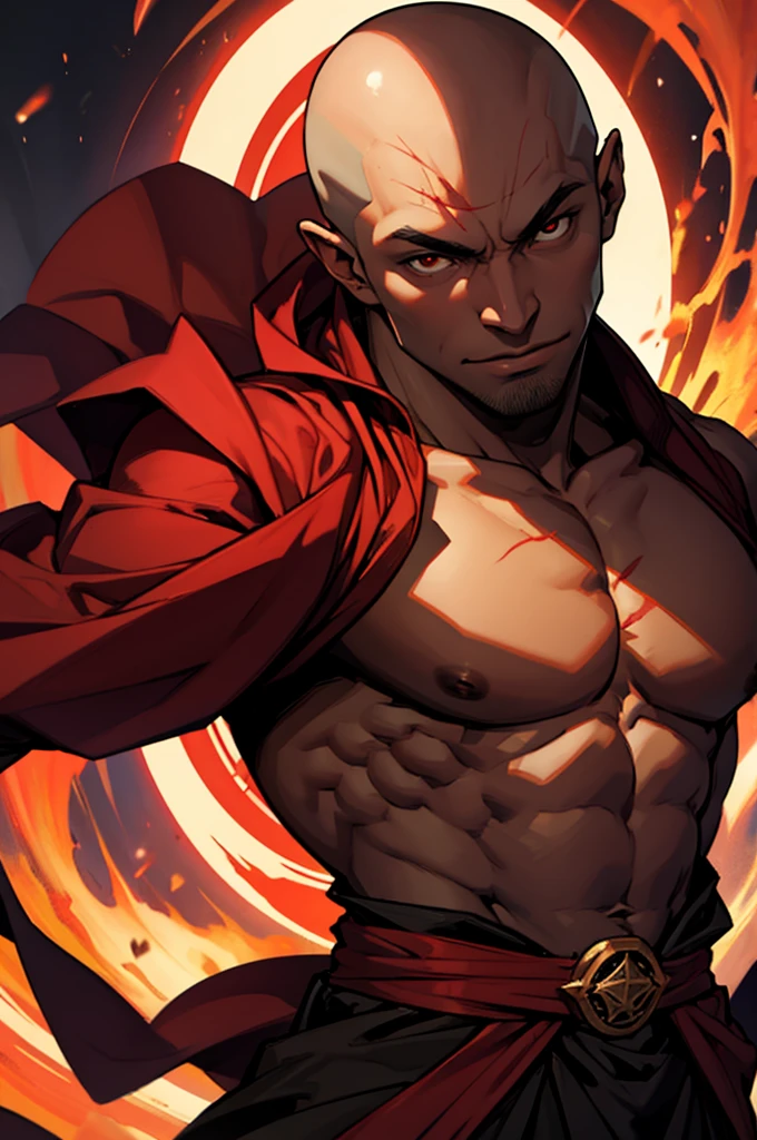 black man vampire monk sorcerer red magic muscular bald