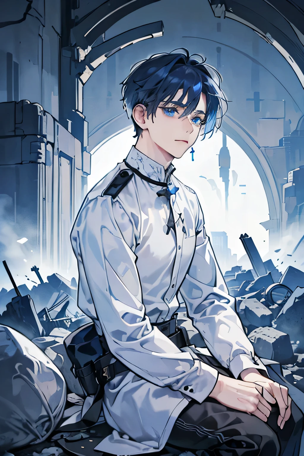 ((A ruined city full of rubble)),(After the war),((Vast landscape covered with rubble)),(A boy wearing a white shirt),((black hair)),(Lifeless eyes),((sit down，Place your knees on the ground on both sides)),((Look up at me)),(Mouth sLightly open),((blue eyes)),((monochrome world)),((Black,grey,Light)),)(View from directly above)),(Sharp eye Light),(((Adult male))),Face clarity，The white of the eye is distinct，Five fingers，juvenile，Chu Chu pitiful，short hair，blue hair accessories，blue tint，crystal