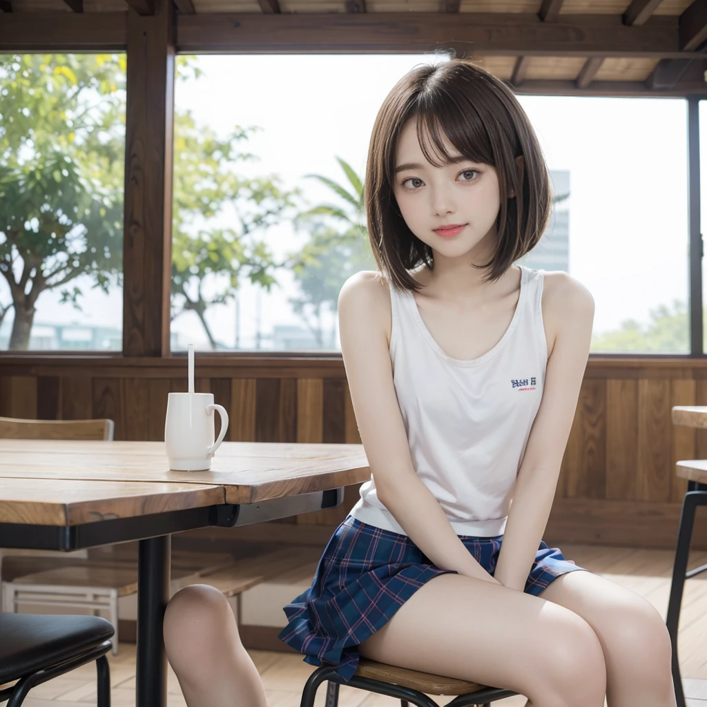 2girl, smile,(bobcut:1.2),bangs,beautiful girl,,(loli:1.2),(small brests:1.2),(skinny:1.2),highschool studeaka46, (masutepiece, Best Quality:1.2), 8K, Official art, Raw photo, Pretty Face, Urban Cafe、cafes、Sitting in a chair,Cake and coffee on the table、Fringe hair, hime haircut, Brown hair,mini skirt,