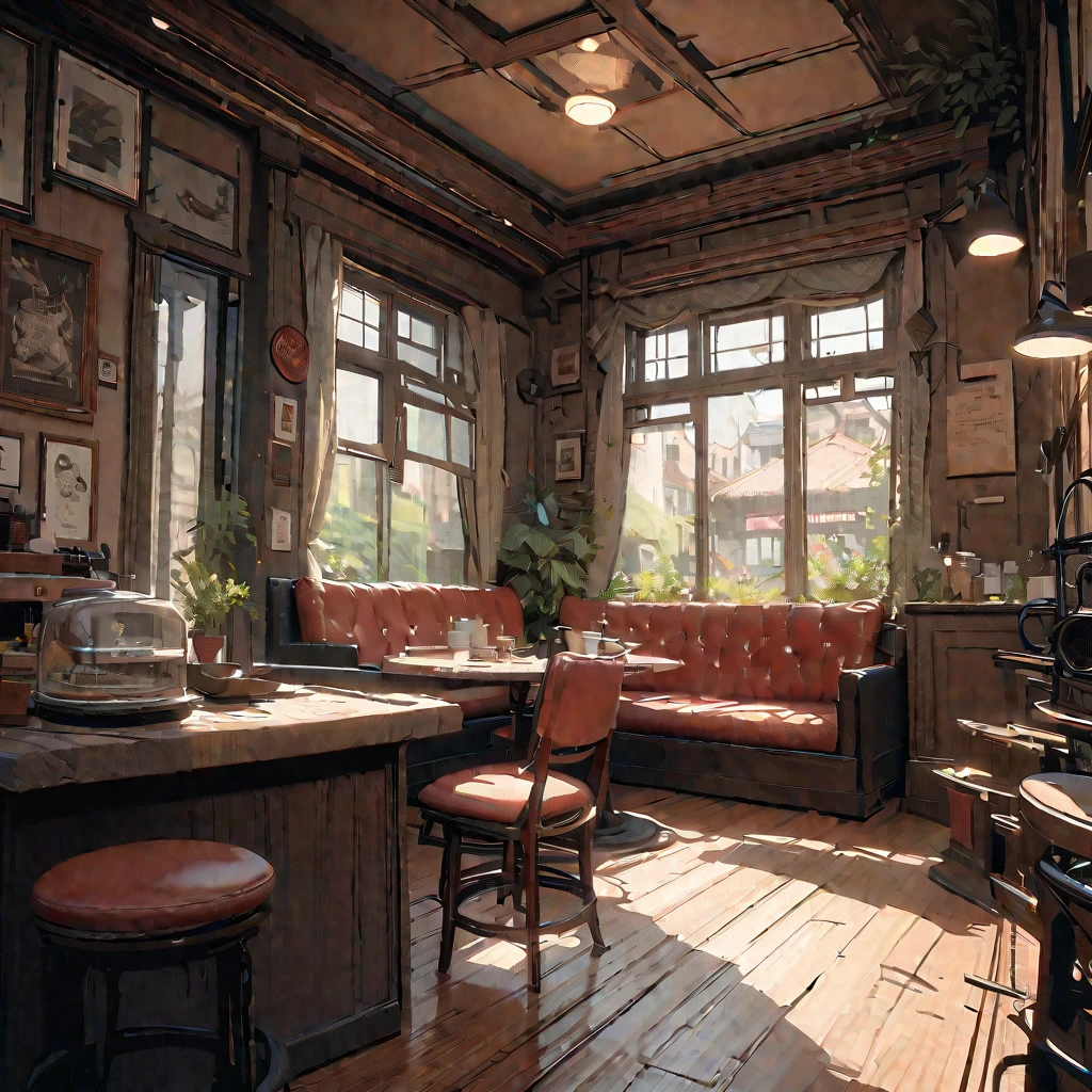 masterpiece,highest quality,ultra-detailed,high-definition background,8K,hi-res,high quality,BREAK,Cafe with a nice atmosphere、Antique interior、Stylish interior,girl, japanese manga style, sketch, Digital watercolor colors.