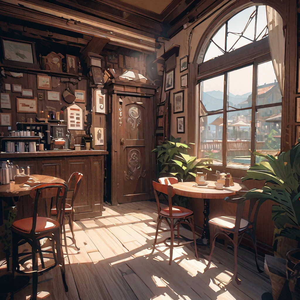 masterpiece,highest quality,ultra-detailed,high-definition background,8K,hi-res,high quality,BREAK,Cafe with a nice atmosphere、Antique interior、Stylish interior,girl, japanese manga style, sketch, Digital watercolor colors.