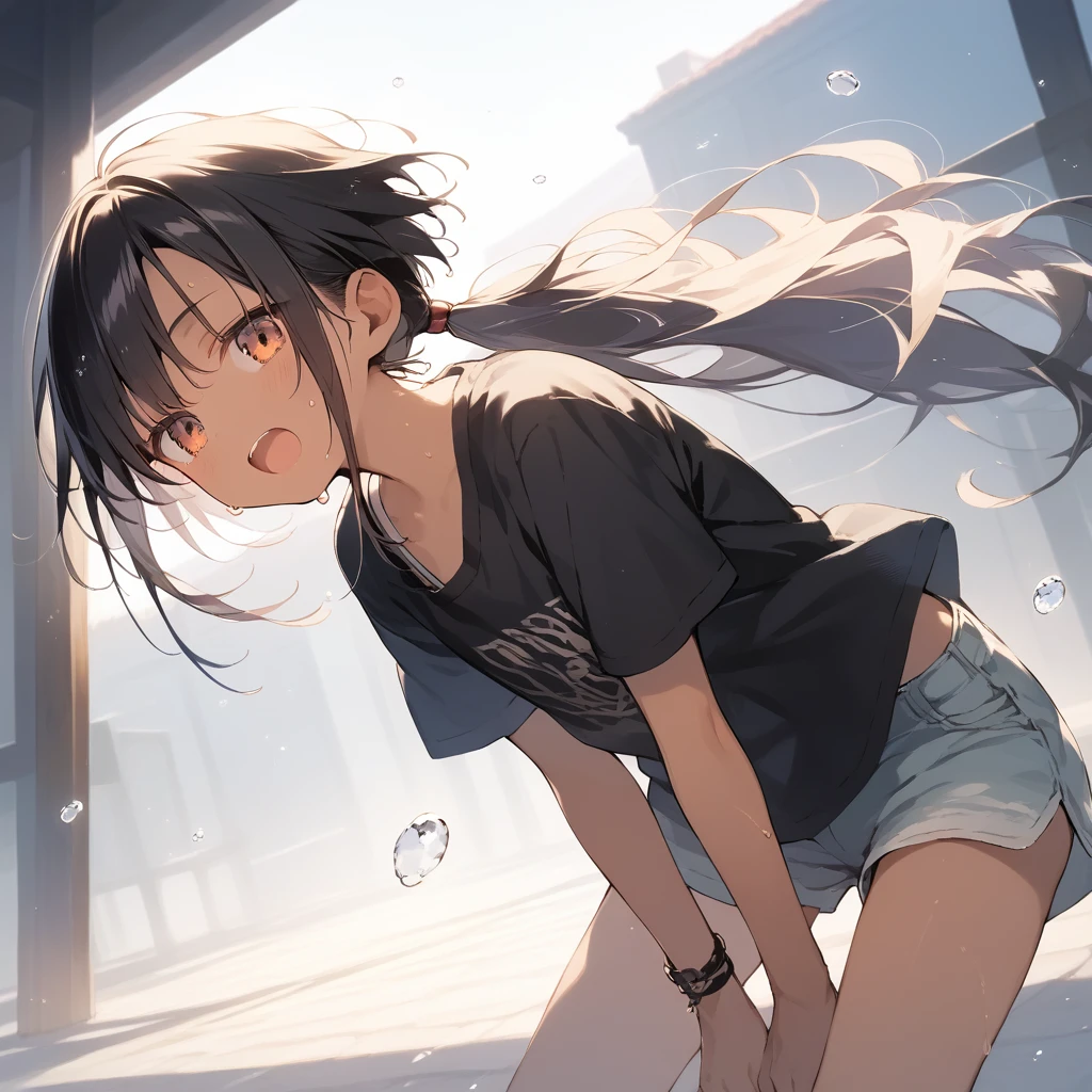 score_9, score_8_up, score_7_up, source_anime, best quality, masterpiece, official art, absurdres, highres, ultra-detailed,waifu2x,Collection: Slice of Life,break,1girl, tomboy, dark-skinned female, short hair, low ponytail, flat chest, beautiful detailed eyes, short shorts, sweat, open mouth, (yawn:0.3), sleepily, outdoors, wind, break,(clear line illustration:1.2),very high resolution, very aesthetic, super detailed skin, Best sexual lighting powered by famous artist, 8k,cute picture,beauty illustration,photoshop_(medium),,(Detailed Lighting),best anime 8k konachan wallpaper, pixiv contest winner,