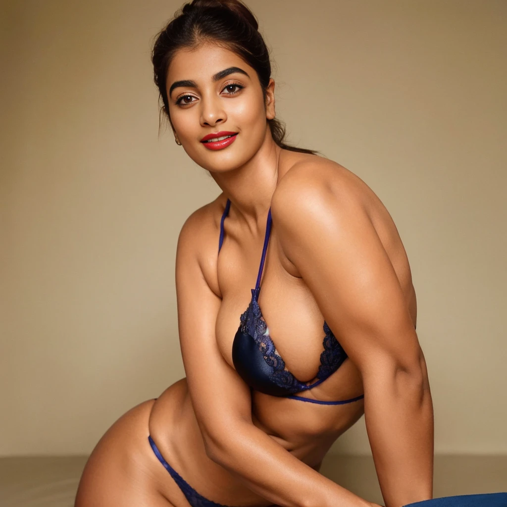extreme close up photo of 30 years old naked Pooja hegde, hourglass figure, deep cleavage, armpits, seductive eyes, ass, look at viewer lusciously, subtle smile, erotic standing, red lips, sultry, ponytail, 4K, HD, blue lingerie.