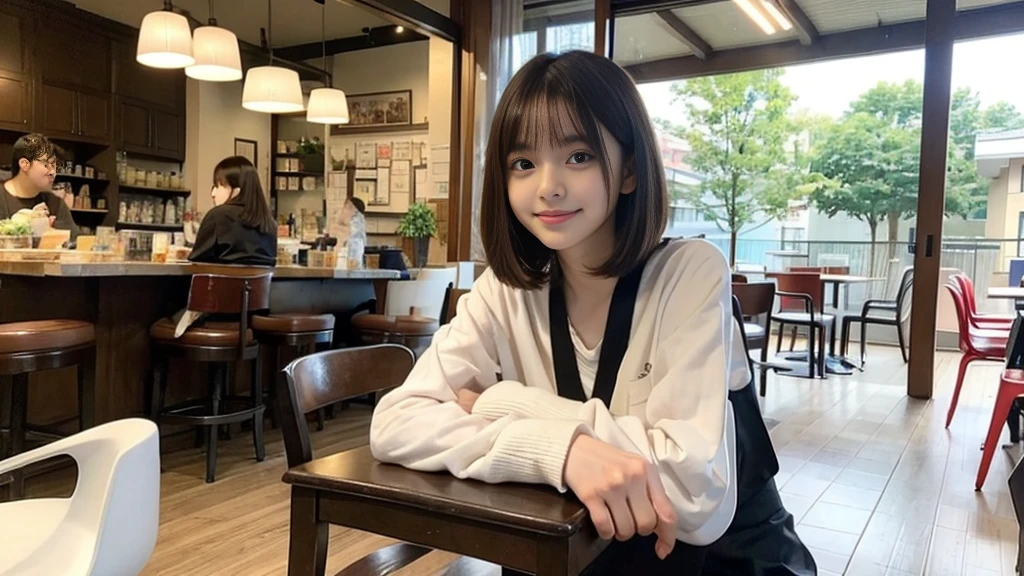 2girl, smile,(bobcut:1.2),bangs,beautiful girl,,(loli:1.2),(s brests:1.2),(skinny:1.2),highschool student,akb48,nogizaka46, (masutepiece, Best Quality:1.2), 8K, Official art, Raw photo, Pretty Face, Urban Cafe、cafes、Sitting in a chair,Cake and coffee on the table、Fringe hair, hime haircut, Brown hair,