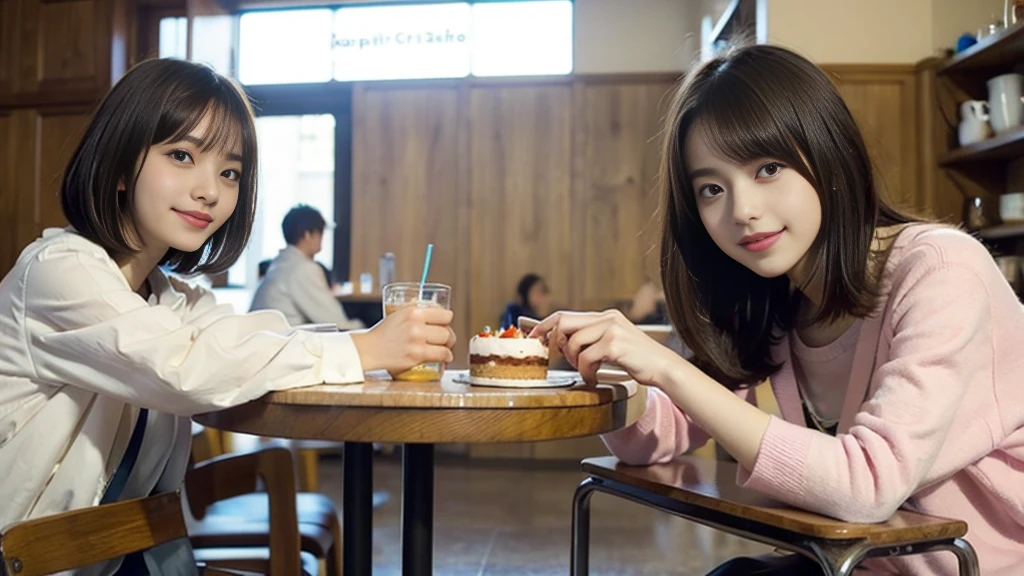 2girl, smile,(bobcut:1.2),bangs,beautiful girl,15 years old,(loli:1.2),(small brests:1.2),(skinny:1.2),highschool student,akb48,nogizaka46, (masutepiece, Best Quality:1.2), 8K, Official art, Raw photo, Pretty Face, Urban Cafe、cafes、Sitting in a chair,Cake and coffee on the table、Fringe hair, hime haircut, Brown hair,