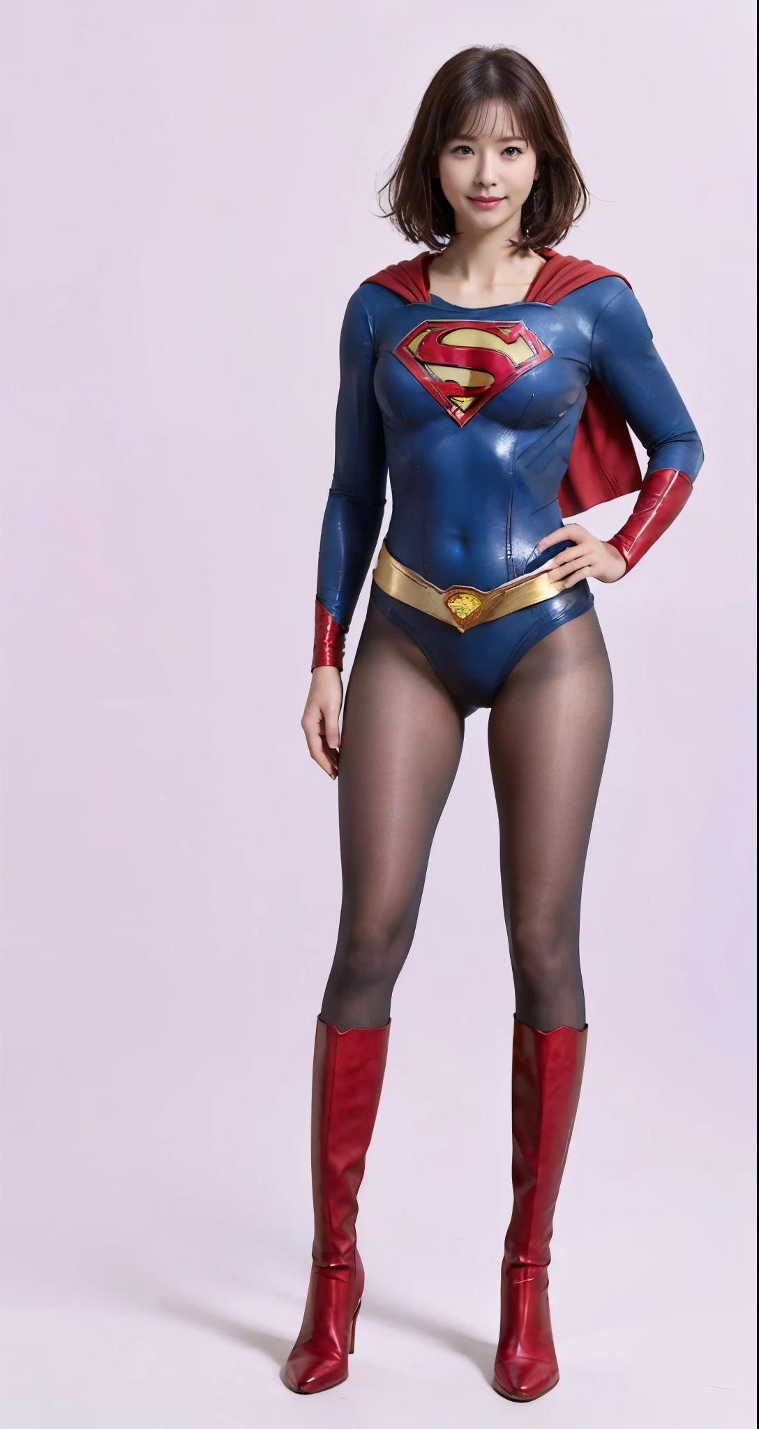 No background、(((Beautiful legs in black tights.)))、(((Legally express the beauty of your smile)))、((((Make the most of your original images)))、(((Supergirl Costume)))、(((Beautiful very short hair)))、(((suffering)))、(((Please wear black tights....、Wear red boots)))、((Best image quality、8K))、((Highest quality、8K、masterpiece:1.3))、(((Preserve background )))、Sharp focus:1.2、Beautiful woman with perfect figure:1.4、Slim Abs:1.2、Wet body:1.5、Highly detailed face and skin texture、8K