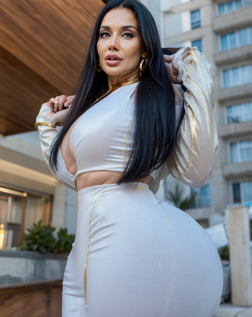 (zoom in), (masterpiece), 4k artwork, (hyper realist), Beautiful elderly woman, 65 years old, Grandmother, Female teacher, with an incredible body wearing a white swimsuit with a gold garter belt on the thighs with bronze and gold details, with her back to the camera showing a huge ass, Very slender waist, wide hip, linda Grandmother, beautiful old woman, night and urban scenery with bokeh and flares on camera