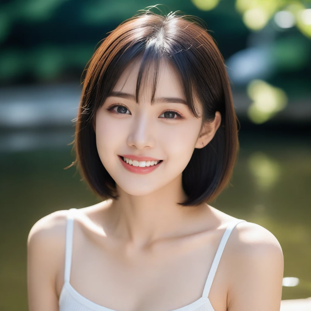 8K, Ultra-high resolution, Highest quality, masterpiece, 三分割法によるphotograph,Surreal, photograph, 1 girl, (:1.3), pretty girl, Cute face, Beautiful eyes in every detail, 細かくdetailedに,masterpiece,, One Girl:1.2, Japan Female Announcer,whole body、Black Hair、well-groomed eyebrows、Cute Lip Makeup、Urban area,Water Play,summer,Sparkling sunlight,Tank top,Cute gestures、so beautiful,A carefree smile,Healing the heart,blunt bangs,Looking at the audience、beauty,Long neck、Laugh a little、Please close your mouth and laugh、(((Ideal body type))),A-cup small breasts :2,、Portraiture:2、Perfect Anatomy、鮮明なdetailed、detailed、Surreal、Light and shadow,Strong light