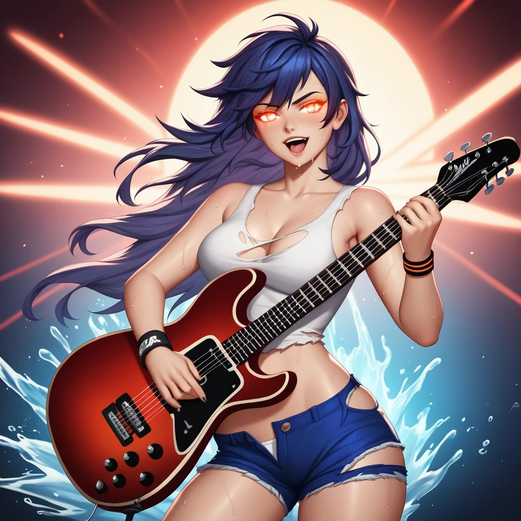 16K, High resolution, RTTX10.0, Ray Tracing, Natural light, Absurd, Top quality masterpiece, Perfect anatomy and highly detailed face, fine grain, Beautiful Hair, so beautiful, Edgy, Nice, Evil Aura, the wind is strong, Glowing Eyes, dystopian city, Futuristic, Detailed Background, Awards, Neon Light, It was a hot topic on Art Station., Climax, Four girl band members in the background, Sweat is splashing, White tank top, (((Torn blue shorts))), 自然A pose, Intense movement, color々A pose, (((Singing while playing electric guitar))), Concentrated on the music