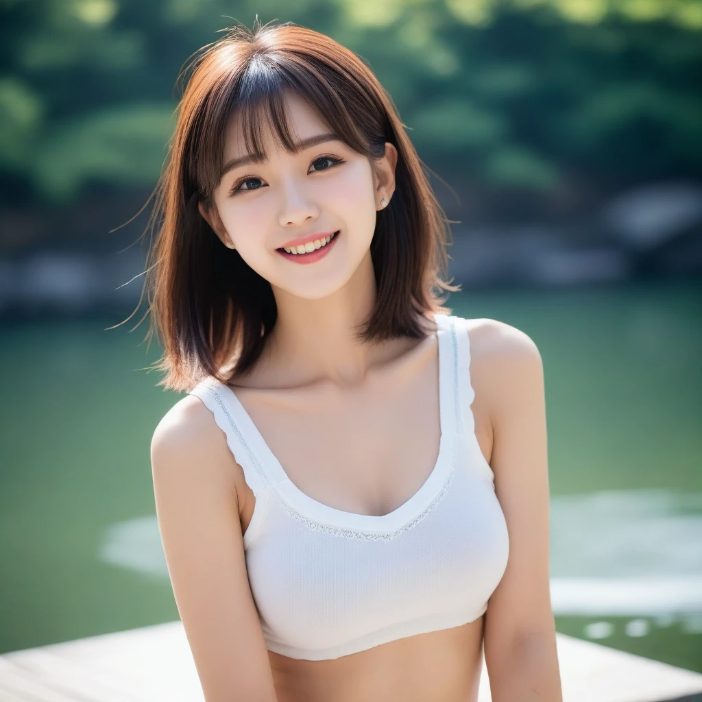 8K, Ultra-high resolution, Highest quality, masterpiece, 三分割法によるphotograph,Surreal, photograph, 1 girl, (:1.3), pretty girl, Cute face, Beautiful eyes in every detail, 細かくdetailedに,masterpiece,, One Girl:1.2, Japan Female Announcer,whole body、Black Hair、well-groomed eyebrows、Cute Lip Makeup、Urban area,Water Play,summer,Sparkling sunlight,Tank top,Cute gestures、so beautiful,A carefree smile,Healing the heart,blunt bangs,Looking at the audience、beauty,Long neck、Laugh a little、Please close your mouth and laugh、(((Ideal body type))),A-cup small breasts :2,、Portraiture:2、Perfect Anatomy、鮮明なdetailed、detailed、Surreal、Light and shadow,Strong light