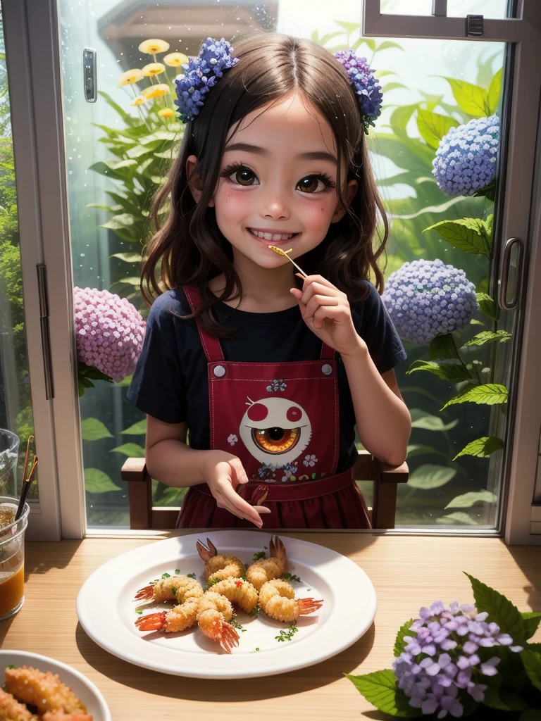 The best picture quality, an adorable five-year-old girl, a plate of delicious-looking fried shrimp on the table, happily eating fried shrimp, surprisingly large sparkling eyes, long eyelashes, a neat , a friendly and bright smile, chestnut hair, an aquarium with crabs in it by the window, outside the windowColorful hydrangeas are blooming outside the window,